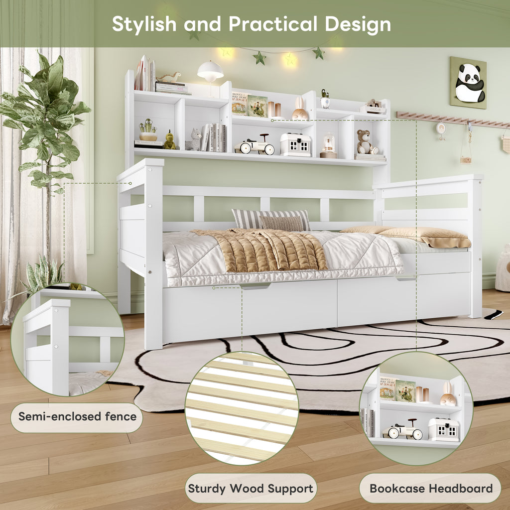 3ft Single Beds for Kids with Two Storage Drawers and Bookcase headboard, Wooden Bed Frame with Storage and Guardrail, Space-Saving Design for Bedroom, Dorm and Study Room, White (No Mattress)