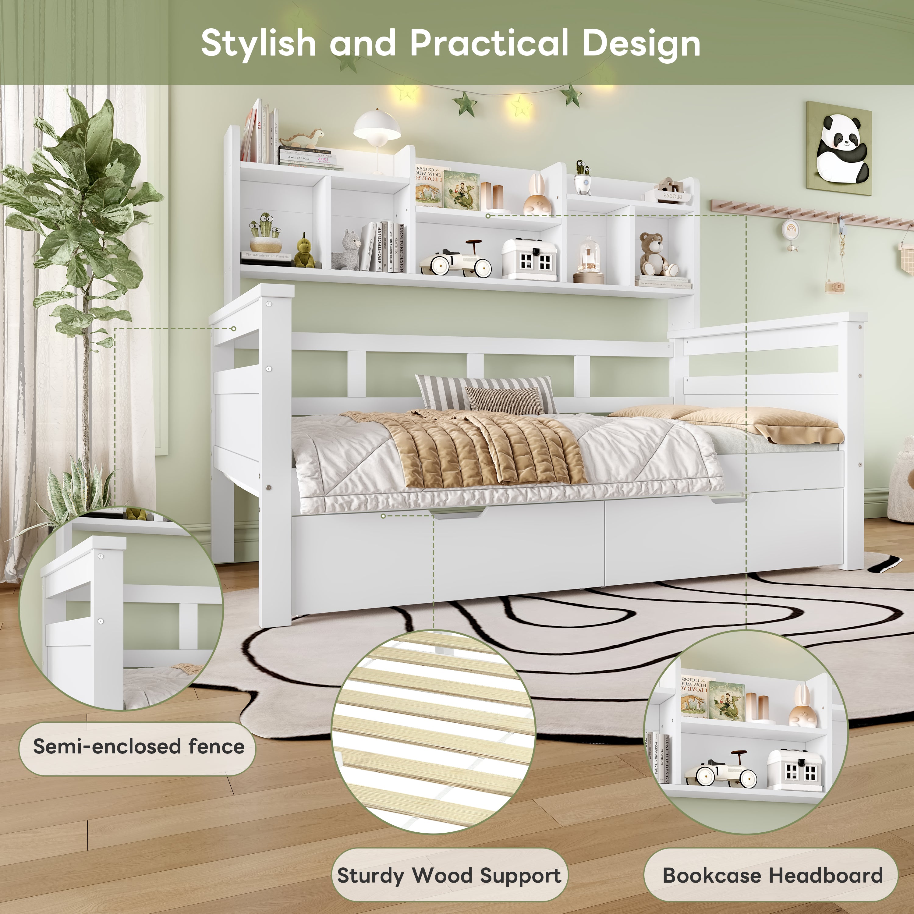 3ft Single Beds for Kids with Two Storage Drawers and Bookcase headboard, Wooden Bed Frame with Storage and Guardrail, Space-Saving Design for Bedroom, Dorm and Study Room, White (No Mattress)