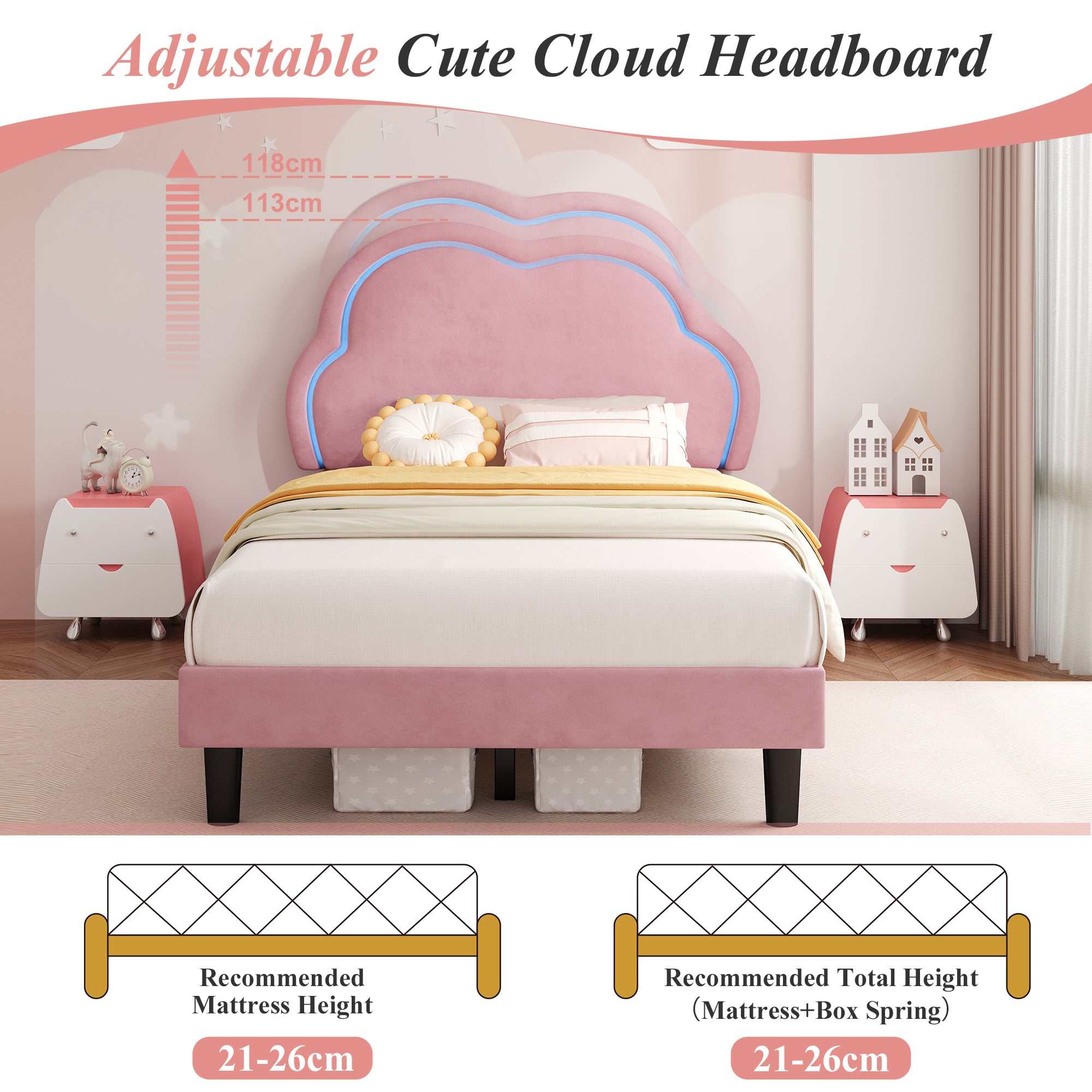 3ft Single Upholstered Bed with LED Adjustable Cute Cloud Headboard, Soft Velvet Bed Frame with Solid Wood Slat, No Box Spring Needed, Easy Assembly, Pink (No Mattress)