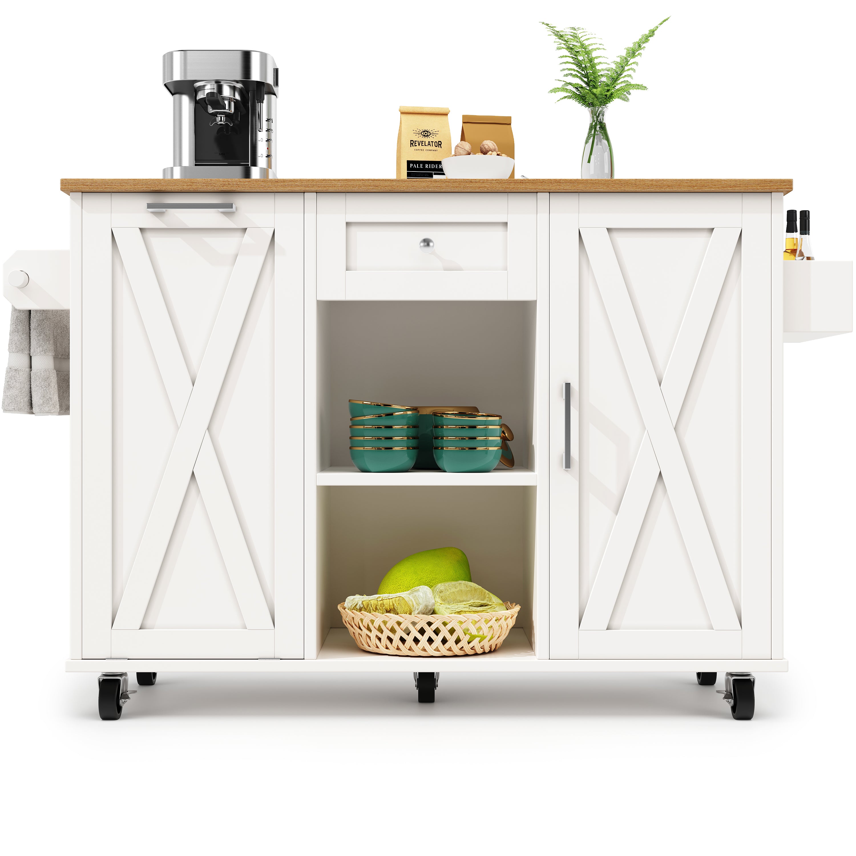 Modern kitchen island,cabinet for rubbish bins, multifunctional dining table with storage space, serving trolley with snack shelves and stretch function cabinets, white(Excluding the dustbin)