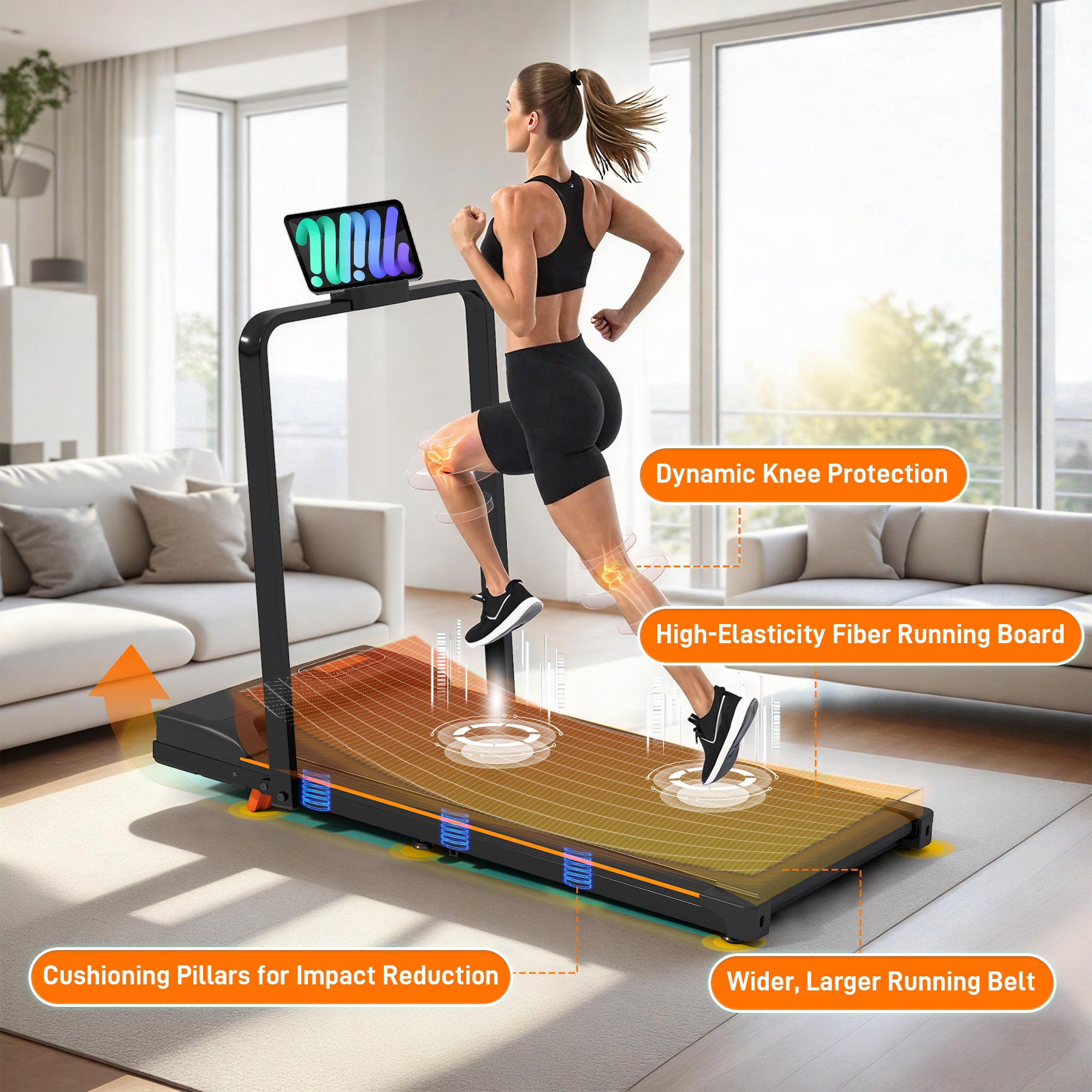 Folding Treadmill with Handrail & Adjustable Incline, 1-10 km/h Running Machine, Space Saving Low Noise Design, LED Display, Phone Holder, Remote Control, Transport Wheels & Plug, Black.