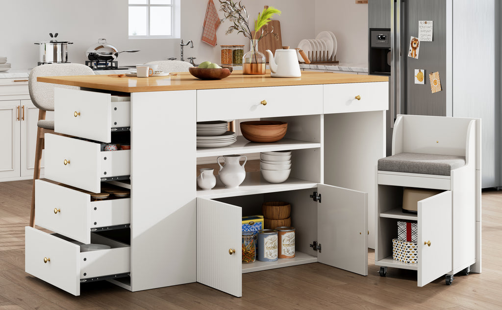 Adjustable Kitchen Island with Bar Stools - Sideboard & Cabinet with 6 Drawers, Width 140-70cm, White/Black