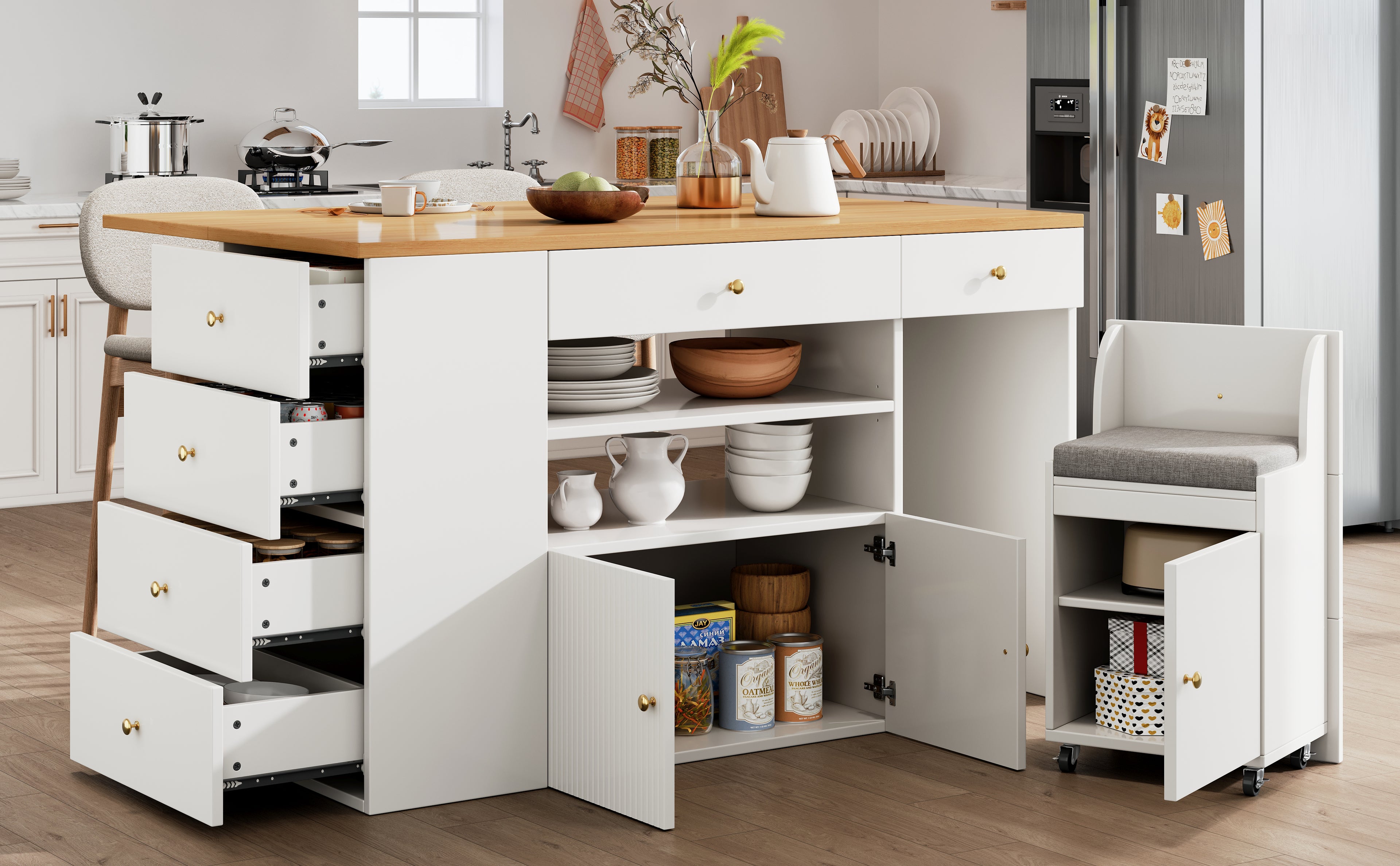 Adjustable Kitchen Island with Bar Stools - Sideboard & Cabinet with 6 Drawers, Width 140-70cm, White/Black