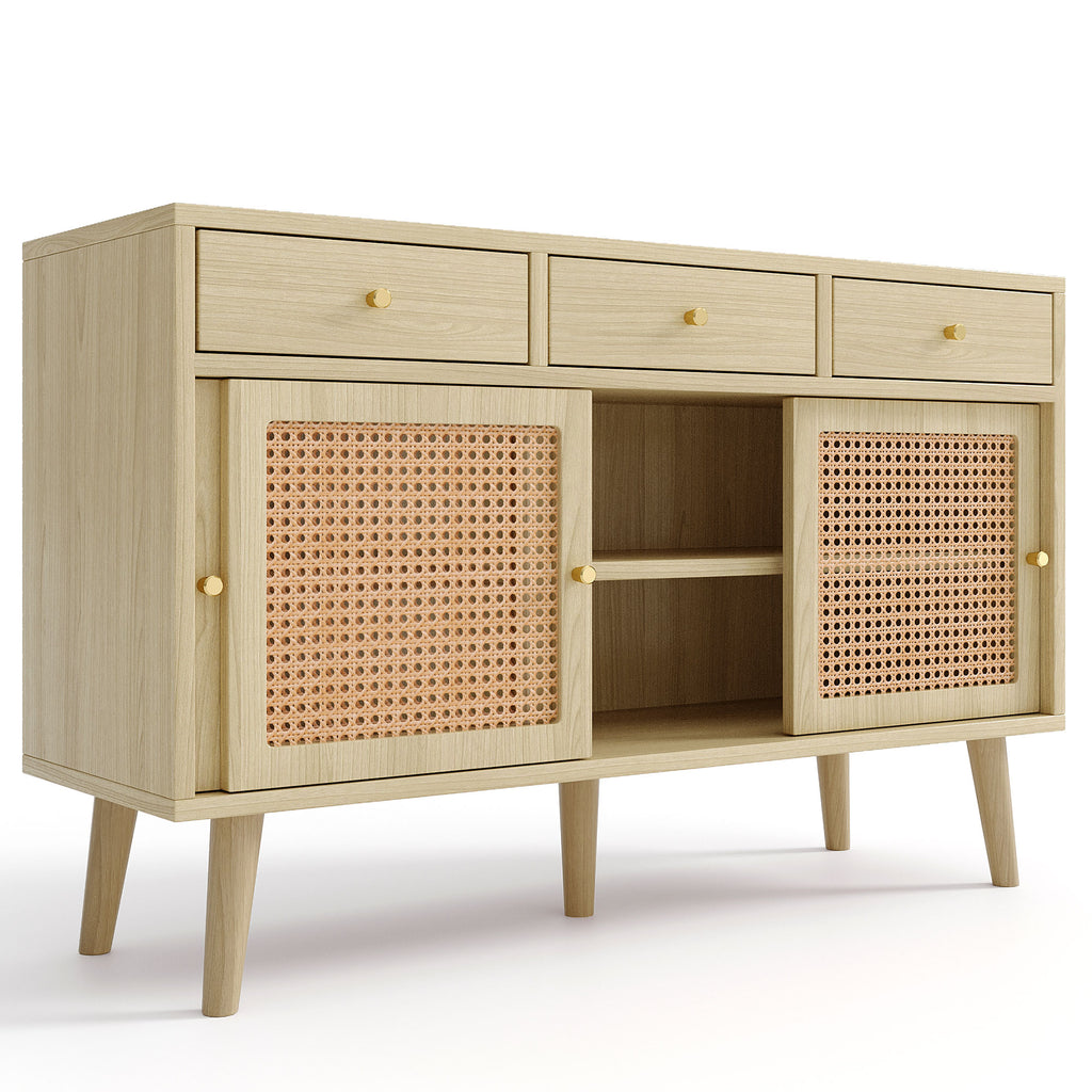 Modern retro rattan door sideboard 120*40*78cm, three drawer storage cabinet, wooden frame, stylish leg design, suitable for living room, dining room and entrance