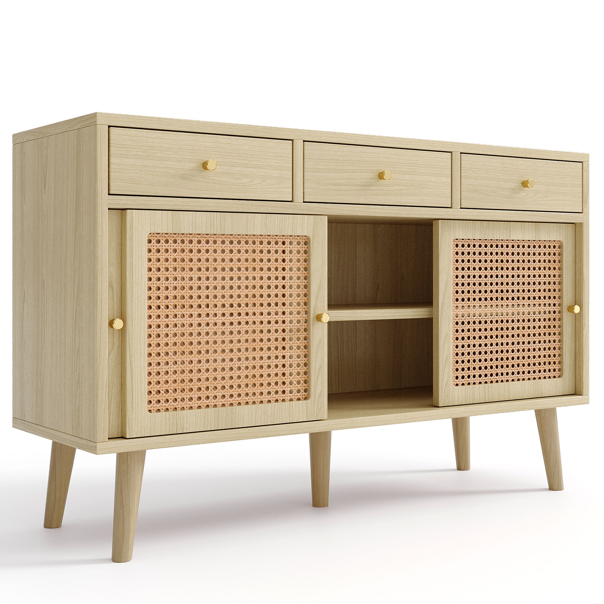 Modern retro rattan door sideboard 120*40*78cm, three drawer storage cabinet, wooden frame, stylish leg design, suitable for living room, dining room and entrance