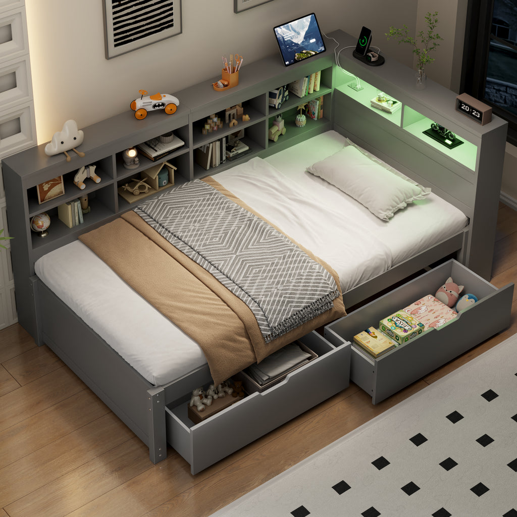 3ft Single Daybed with Two Storage Drawers and Beside Storage, LED Modern Bed frame with Charging Station, Wood Bed for Living Room/ Bedroom/ Study Room, 90X190cm, Easy Assembly, Grey (No Mattress)
