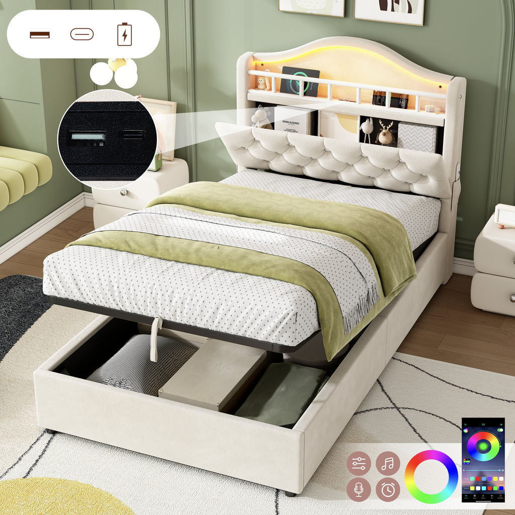 3ft Single Hydraulic Bed in Velvet, LED Bed Frame with Charging Station & Diamond Tufted Headboard, Multi-zone Storage, Solid & Stable Base,Beige (No Mattress)