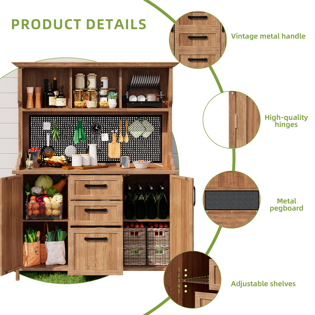 Wooden garden cabinet, garden tool cabinet made of solid fir wood – freestanding cabinet with 3 drawers, 3 compartments, metal pegboard and adjustable shelves
