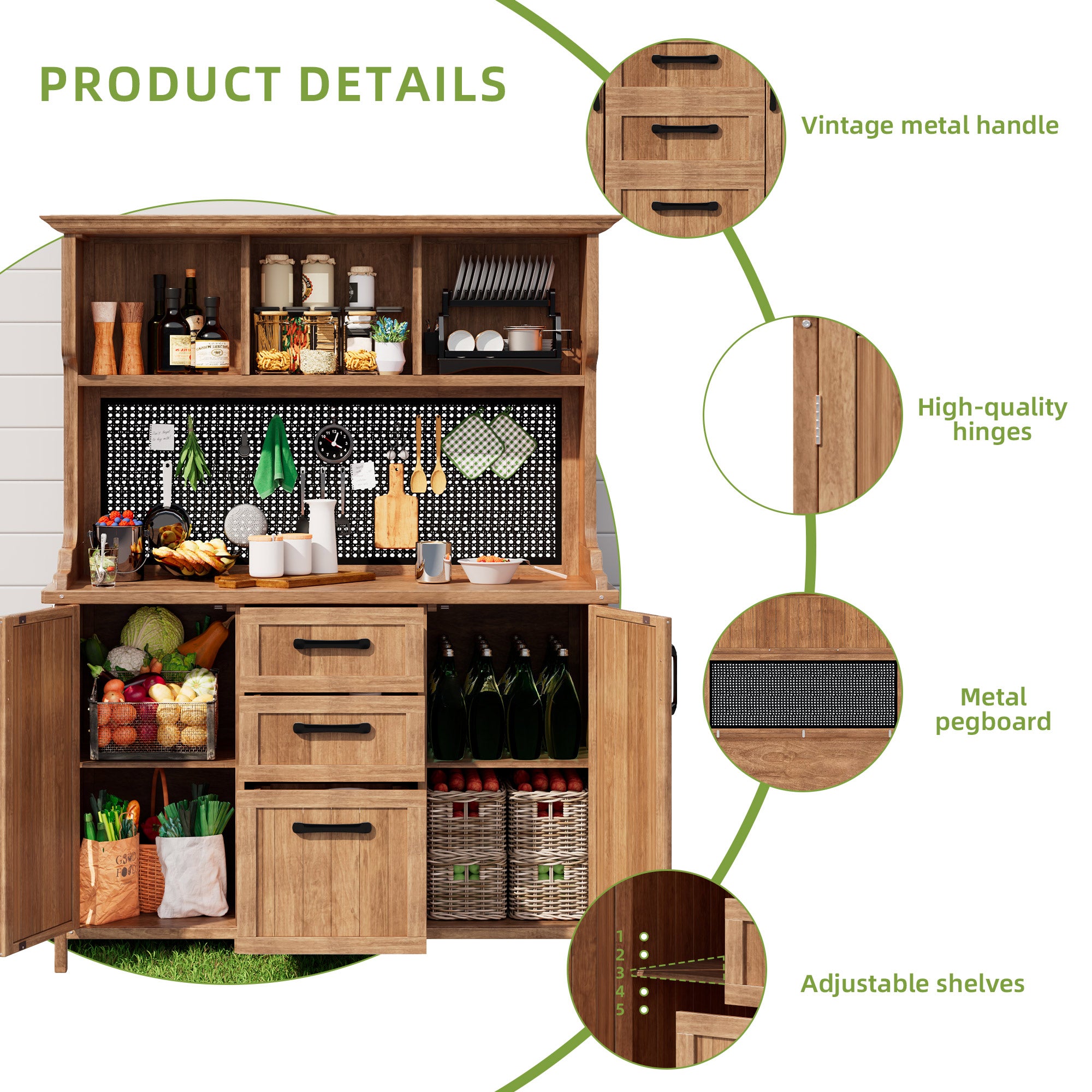 Wooden garden cabinet, garden tool cabinet made of solid fir wood – freestanding cabinet with 3 drawers, 3 compartments, metal pegboard and adjustable shelves