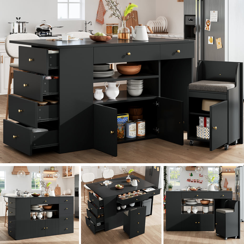 Adjustable Kitchen Island with Bar Stools - Sideboard & Cabinet with 6 Drawers, Width 140-70cm, White/Black