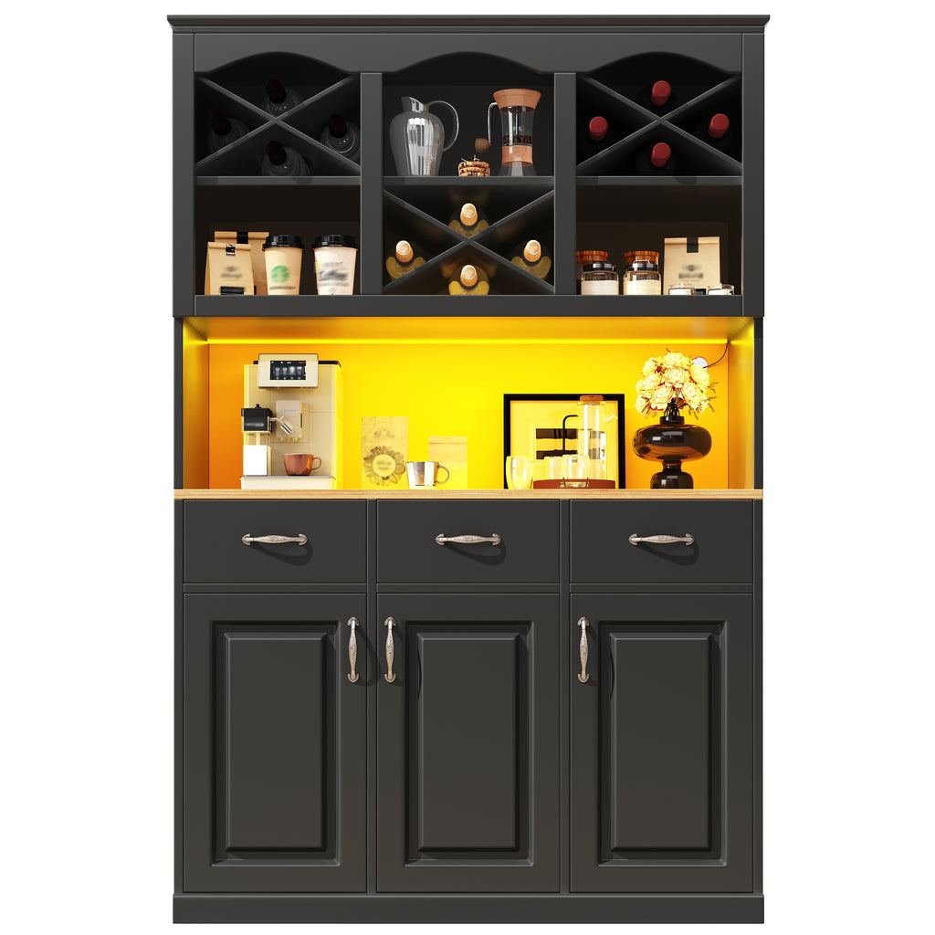 Kitchen cabinet (120 × 40 × 180 cm), tall kitchen buffet, multi-purpose buffet, snack cabinet, storage furniture with three doors, three drawers and LED lighting, black