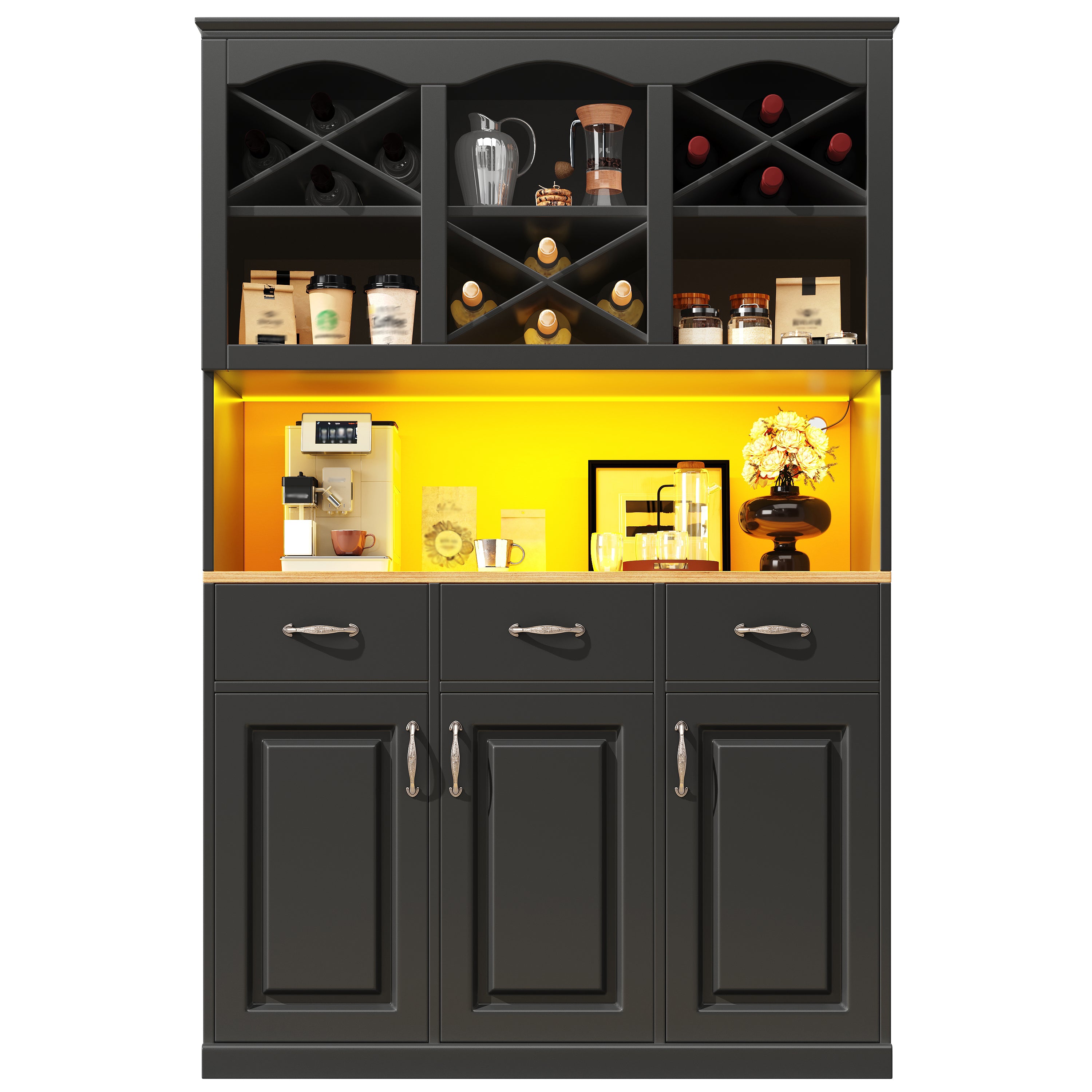 Kitchen cabinet (120 × 40 × 180 cm), tall kitchen buffet, multi-purpose buffet, snack cabinet, storage furniture with three doors, three drawers and LED lighting, black