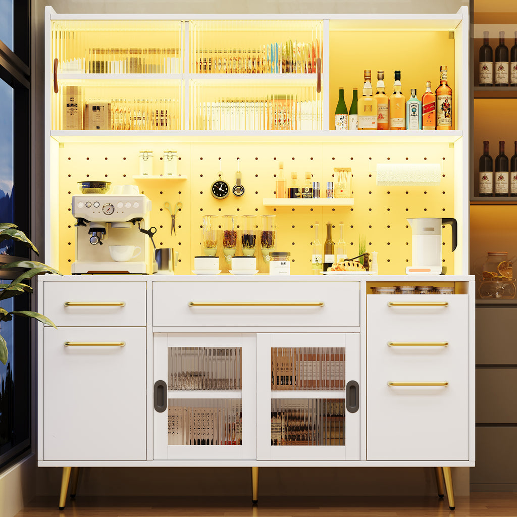 Modern sideboard with LED lighting, tall cabinet for kitchen and living room, storage cabinet with perforated wall, drawer and glass shelves, white