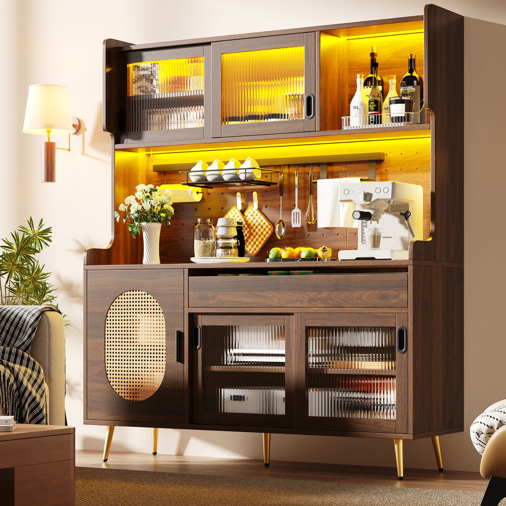 Sideboard / Storage Cabinet / Kitchen Cabinet / Buffet, 145x39x171cm, Country Style, 5 Doors, with LED Light Strip & Pegboard, Fluted Glass Doors, Brown/Black