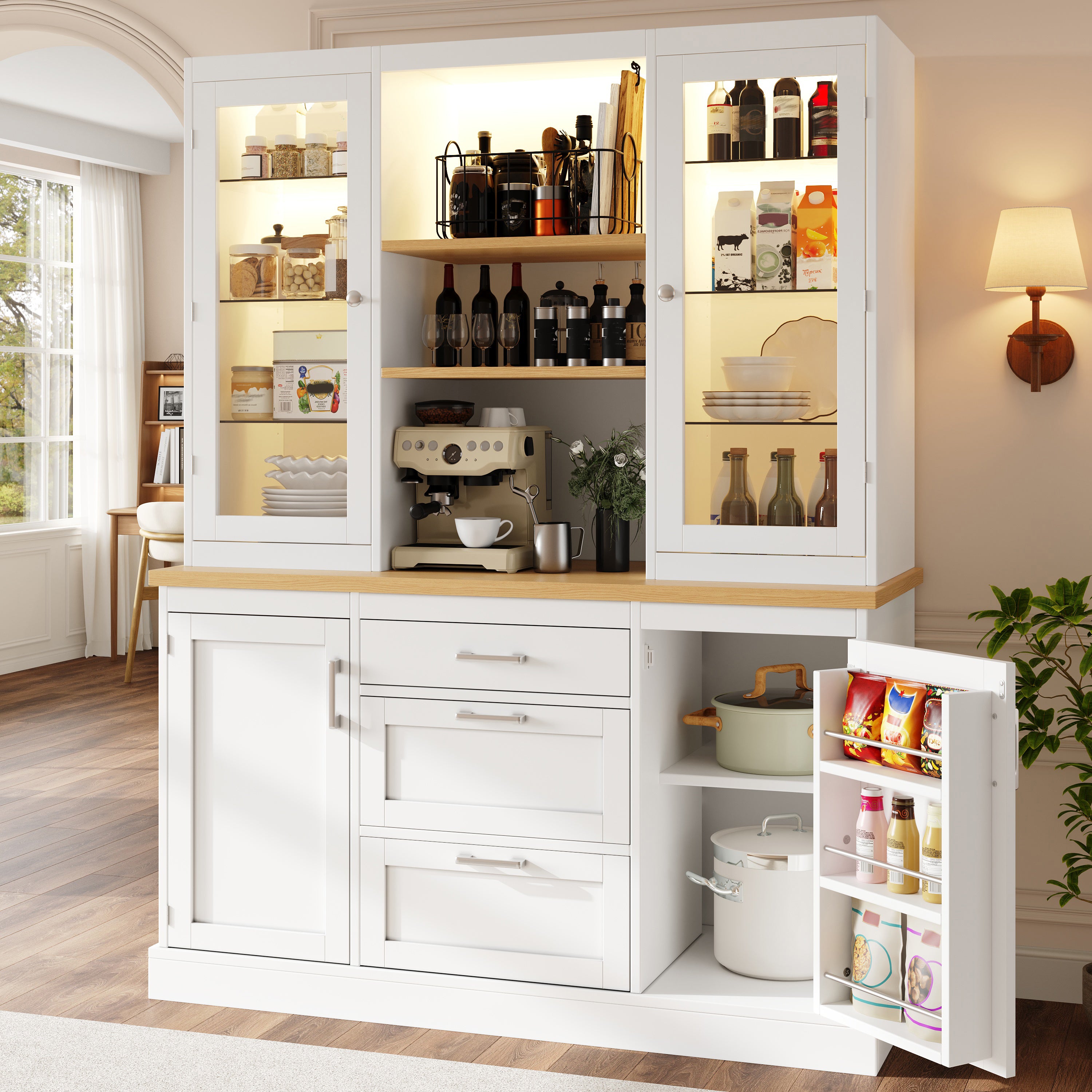 Kitchen Pantry Cabinet with App-Controlled LED Lights, 185cm Tall Storage Cabinet with Glass Doors, Drawers & Worktop, White
