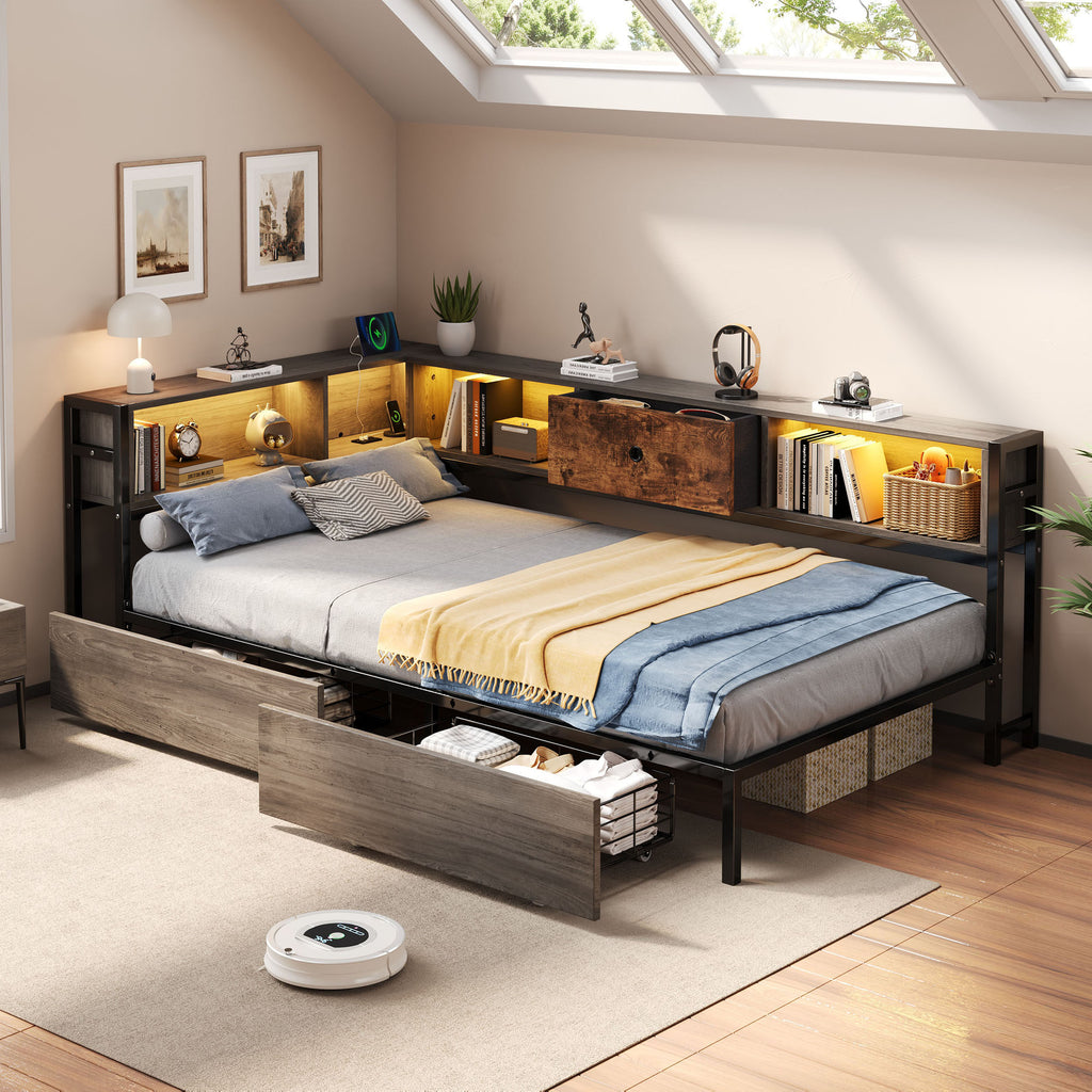 3ft Single Metal and Wood Bed with RGB LED Lights & Charging Station (USB & Type-C), Built-in Shelves and Bedside Storage, Two Storage Drawers, Two Assembly Methods, Grey, Rustic Brown (No Mattress)