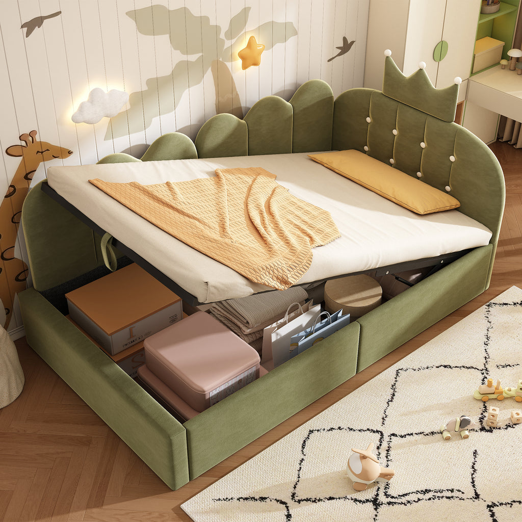 Upholstered Daybed with Hydraulic Storage, 3FT Single Sofa Bed 90 x 190 cm, Crown-shaped Bed Guest Beds for Adults & Children, Velvet, Green (No Mattress)