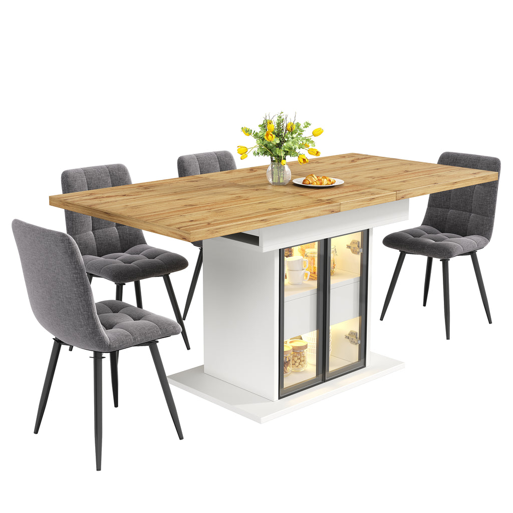 Extendable dining table with storage space & RGB LED lighting, 110–140cm, glass sliding doors & concealed push handles, white/black