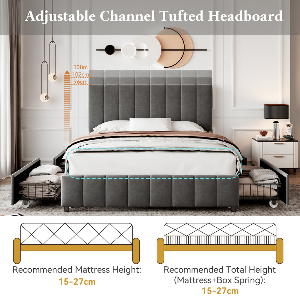 4ft6 Double Upholstered Bed with 4 Storage Drawers, Velvet Platform Bed Frame with Adjustable Channel Tufted Headboard, Metal-Wood Support, No Box Spring Needed, Easy Assembly, Grey (No Mattress)
