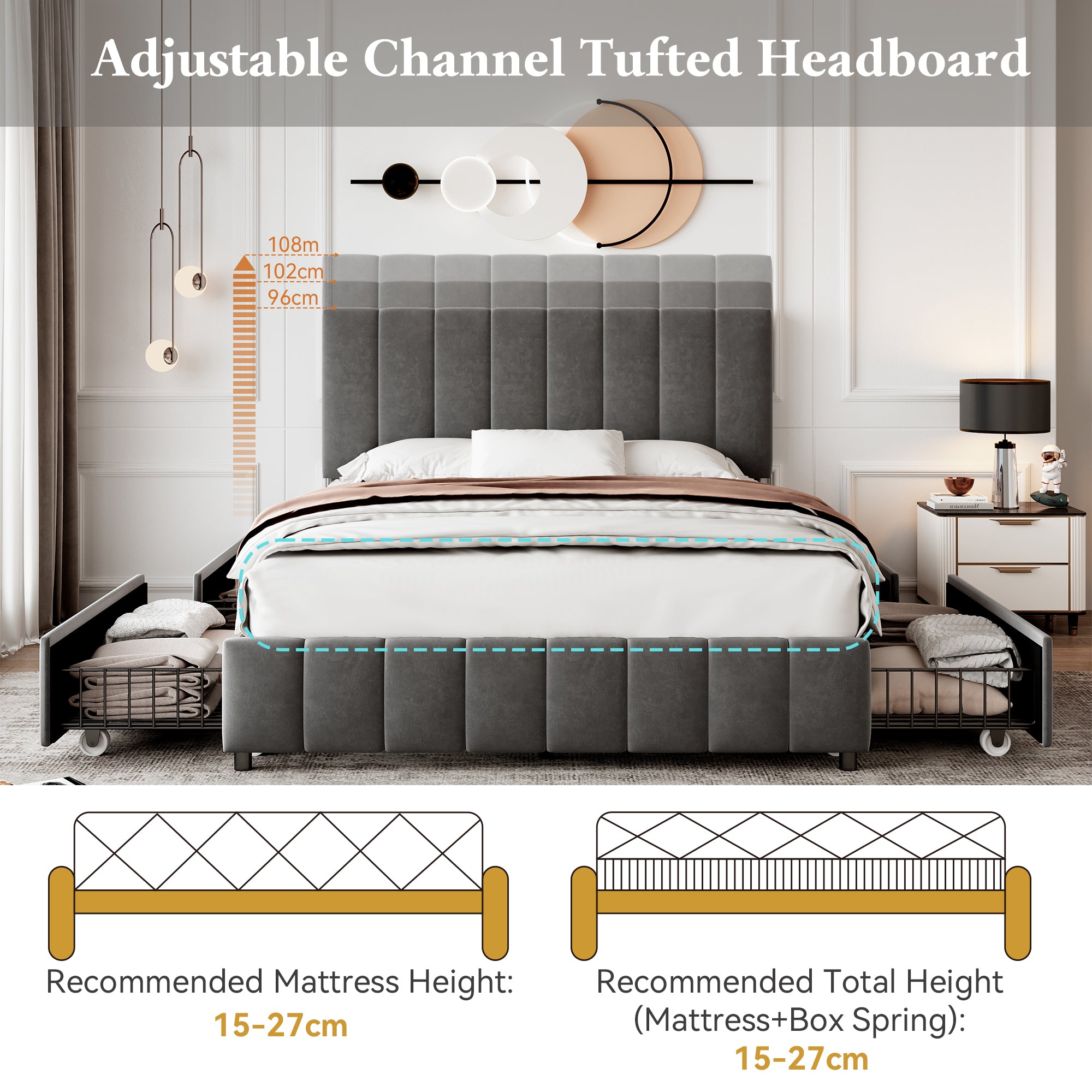 4ft6 Double Upholstered Bed with 4 Storage Drawers, Velvet Platform Bed Frame with Adjustable Channel Tufted Headboard, Metal-Wood Support, No Box Spring Needed, Easy Assembly, Grey (No Mattress)