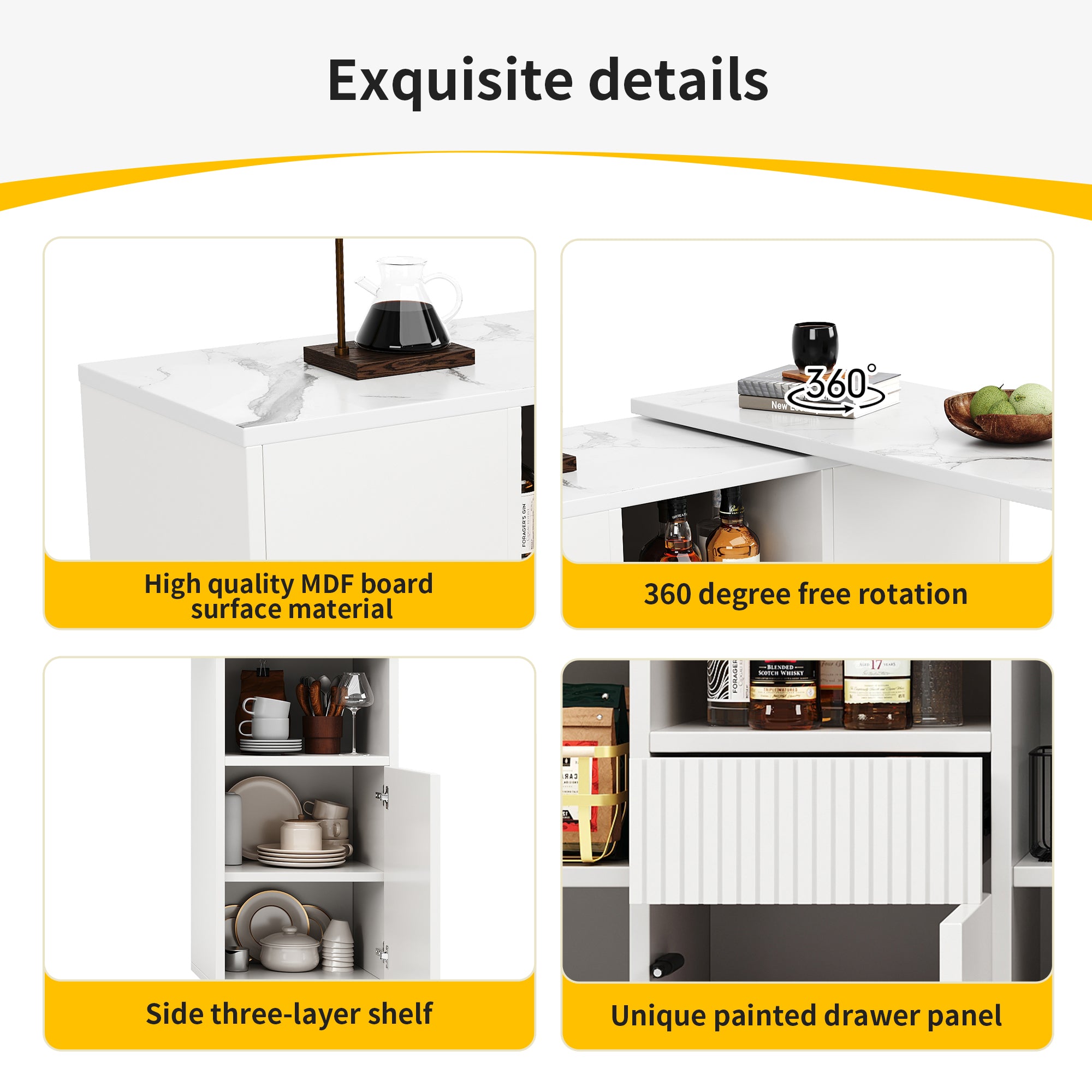 360° swivelling bar table (main body 198.5 x 30 x 75 cm), modern and sleek design, with open storage space and marble worktop, suitable for kitchen, living room and dining room, white