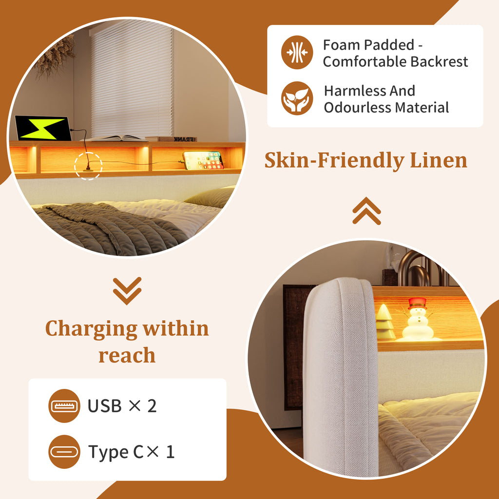Upholstered Daybed with Headboard Storage, 90 x 190 cm Single Sofa Bed with LED and USB Type-C Reading Light, 3FT Daybed with 2 Drawers, Linen, Beige (Without Mattress)