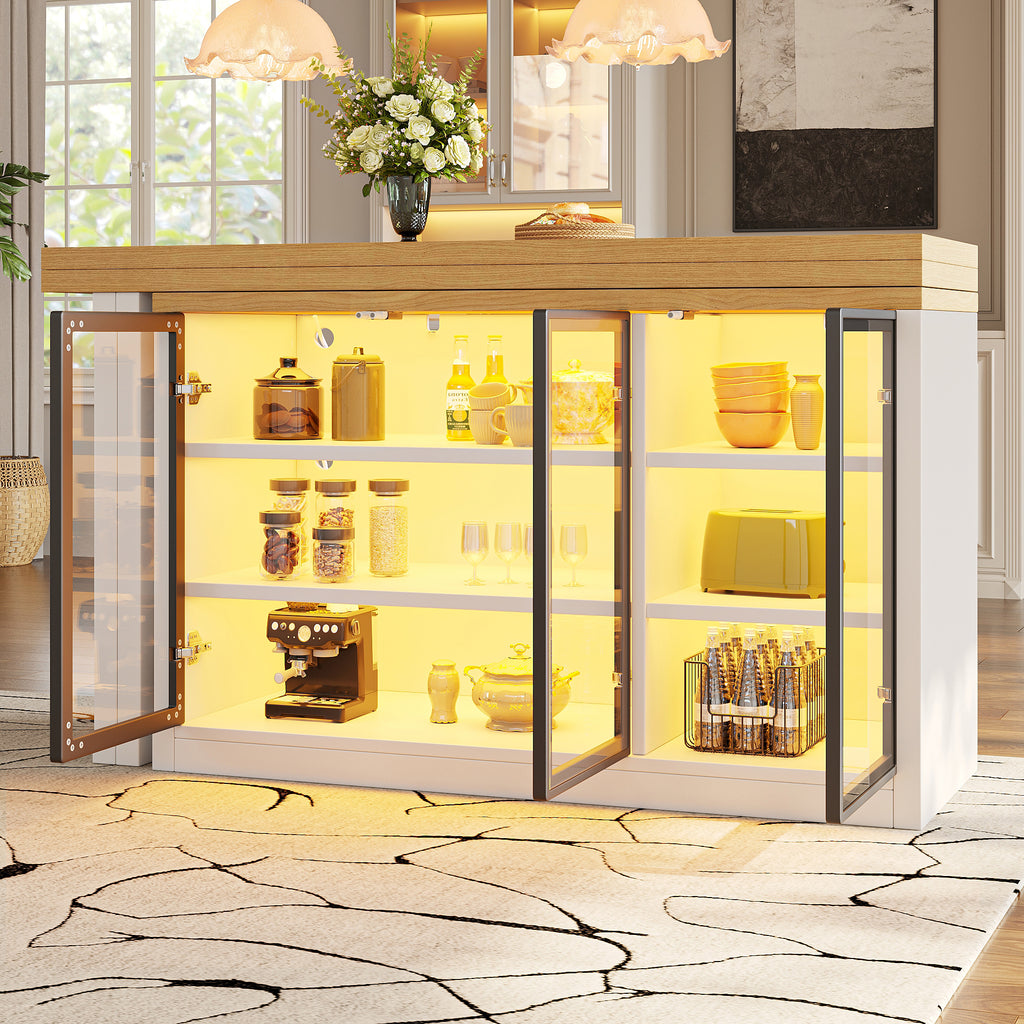 Extendable Sideboard & Dining Table Combo with LED Lights, Push-to-Open Glass Display Cabinet, Space Saving Sideboard for Small Flat, White