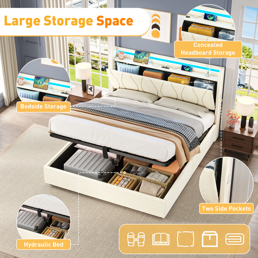 4ft6 Double Upholstered Bed Frame with Hydraulic Storage, LED Headboard with Charging Station and Concealed Headboard Storage, USB and Type - C Ports, Linen, No Box Spring Needed, Beige (No Mattress)