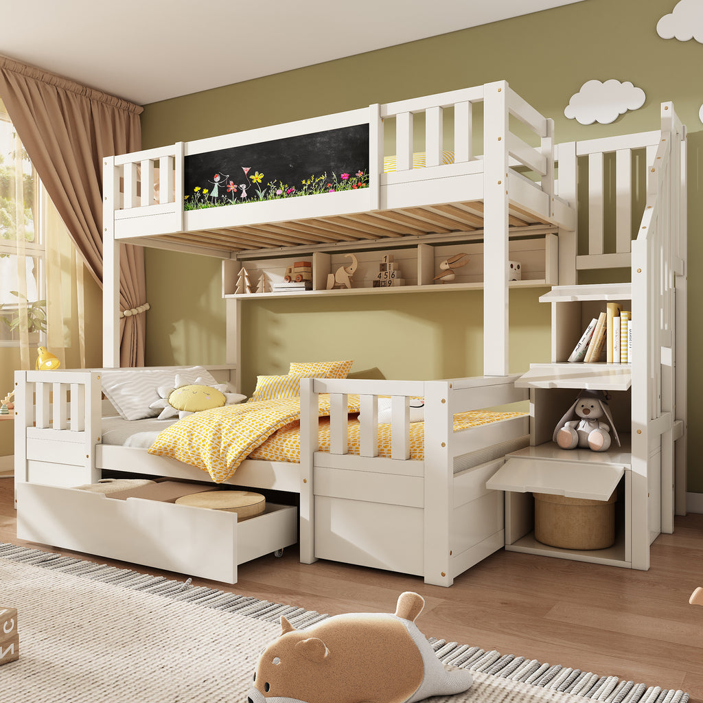 Bunk Beds for Kids, Staircase Bunk with Drawers and Chalkboard, Children's Bed with Storage Space, Double Bunk Bed for Family with Multiple Children, (90+135) x 190 cm, Solid Wood, White
