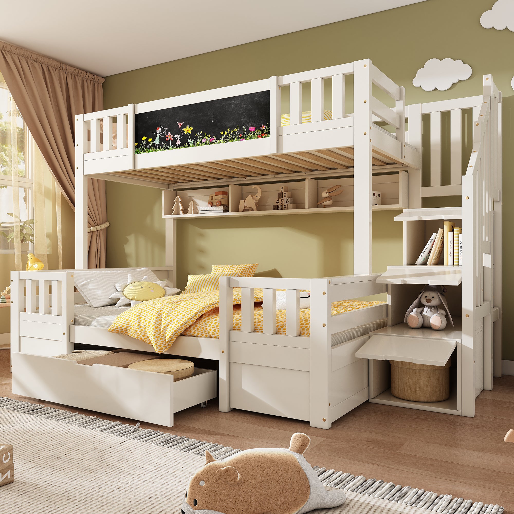 Bunk Beds for Kids, Staircase Bunk with Drawers and Chalkboard, Children's Bed with Storage Space, Double Bunk Bed for Family with Multiple Children, (90+135) x 190 cm, Solid Wood, White