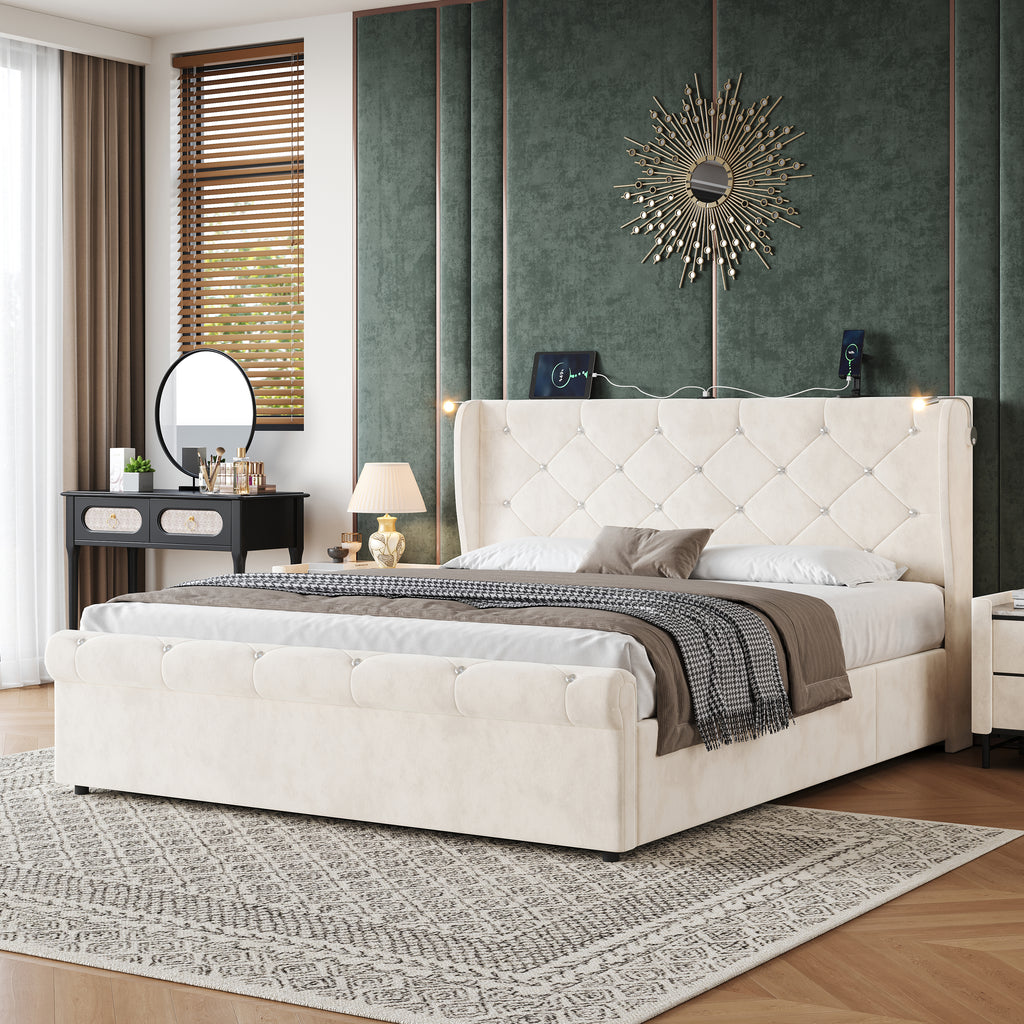 4ft6 Double Upholstered Bed Frame with Hydraulic Storage,  Diamond Tufted Headboard with Charging Station and Reading Light, USB and Type - C Ports, Velvet, Beige (No Mattress)