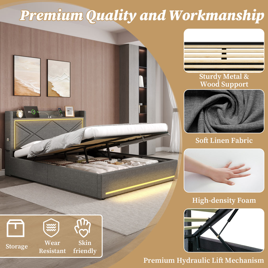 4ft6 Double Upholstered Bed Frame with Hydraulic Storage,  Linen Ottoman Bed with LED Lighting and Charging Station, USB and Type - C Ports, No Box Spring Needed, Grey (No Mattress)