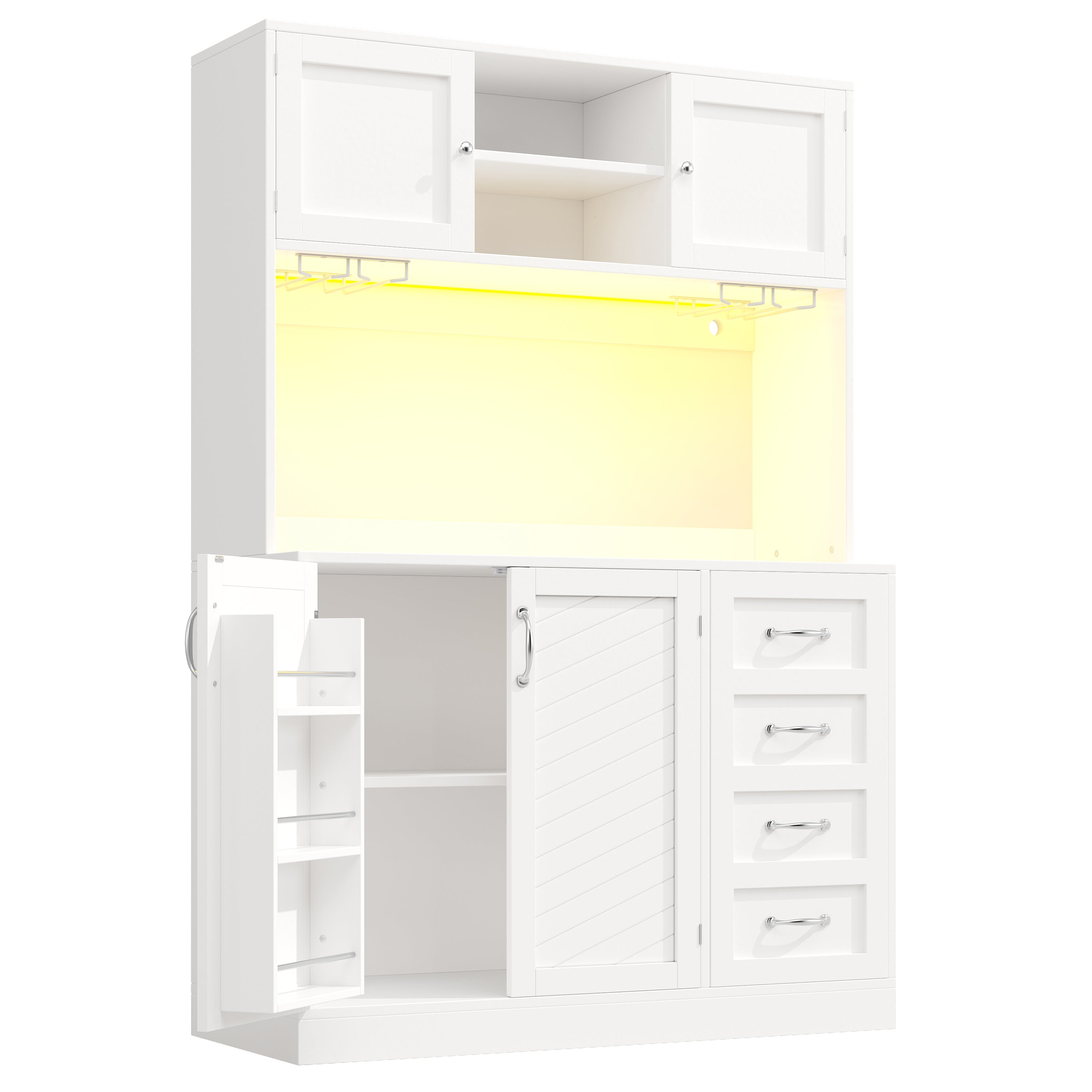 Sideboard / Storage Cabinet / Kitchen Cabinet / Buffet Cabinet, 120x40x188cm, with LED Lighting, Snack Rack & Drink Holders, 4 Doors & 2 Large Drawers, Green/White