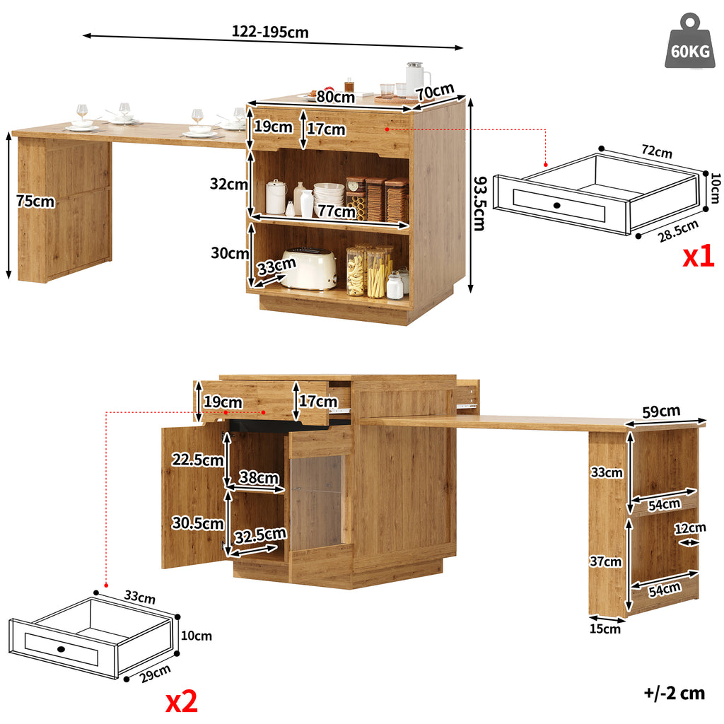 Kitchen Island with Extendable Table, Multifunctional Kitchen Storage Cabinet with LED Lighting (App Control), Oak Effect, Glass Door, for Kitchen & Dining Room