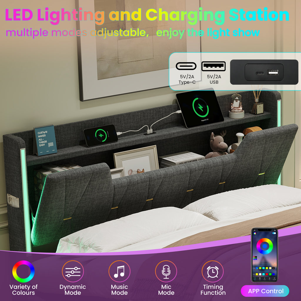 5ft King Upholstered Bed Frame with Hydraulic Storage,  LED X-Shape Headboard with Charging Station and Flip-top Headboard Storage, USB and Type - C Ports, Linen, Grey (No Mattress)