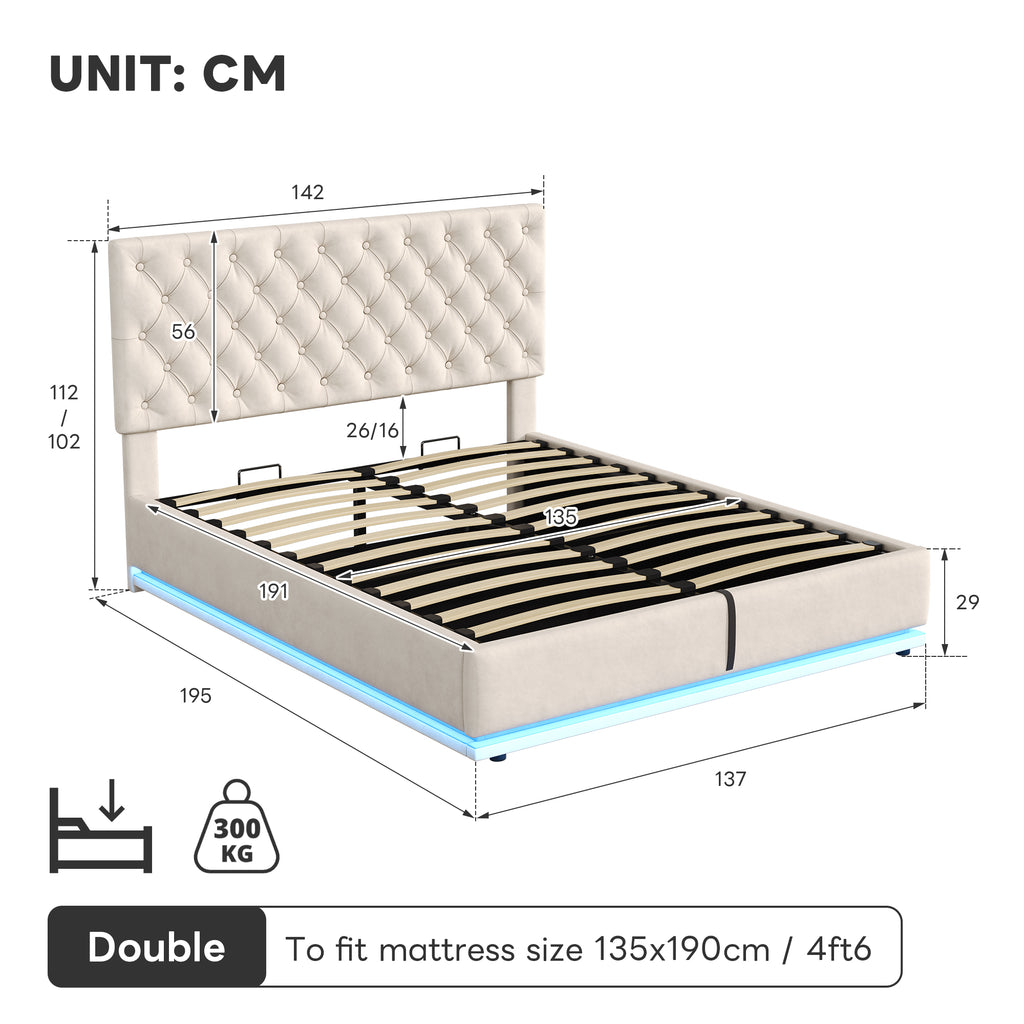 Double Ottoman Bed with LED Lighting, Velvet Upholstered Bed with Hydraulic Storage, 4ft6 Double Bed Frame with Handmade Button Tufted Adjustable Headboard, No Box Spring Needed, Beige (No Mattress)