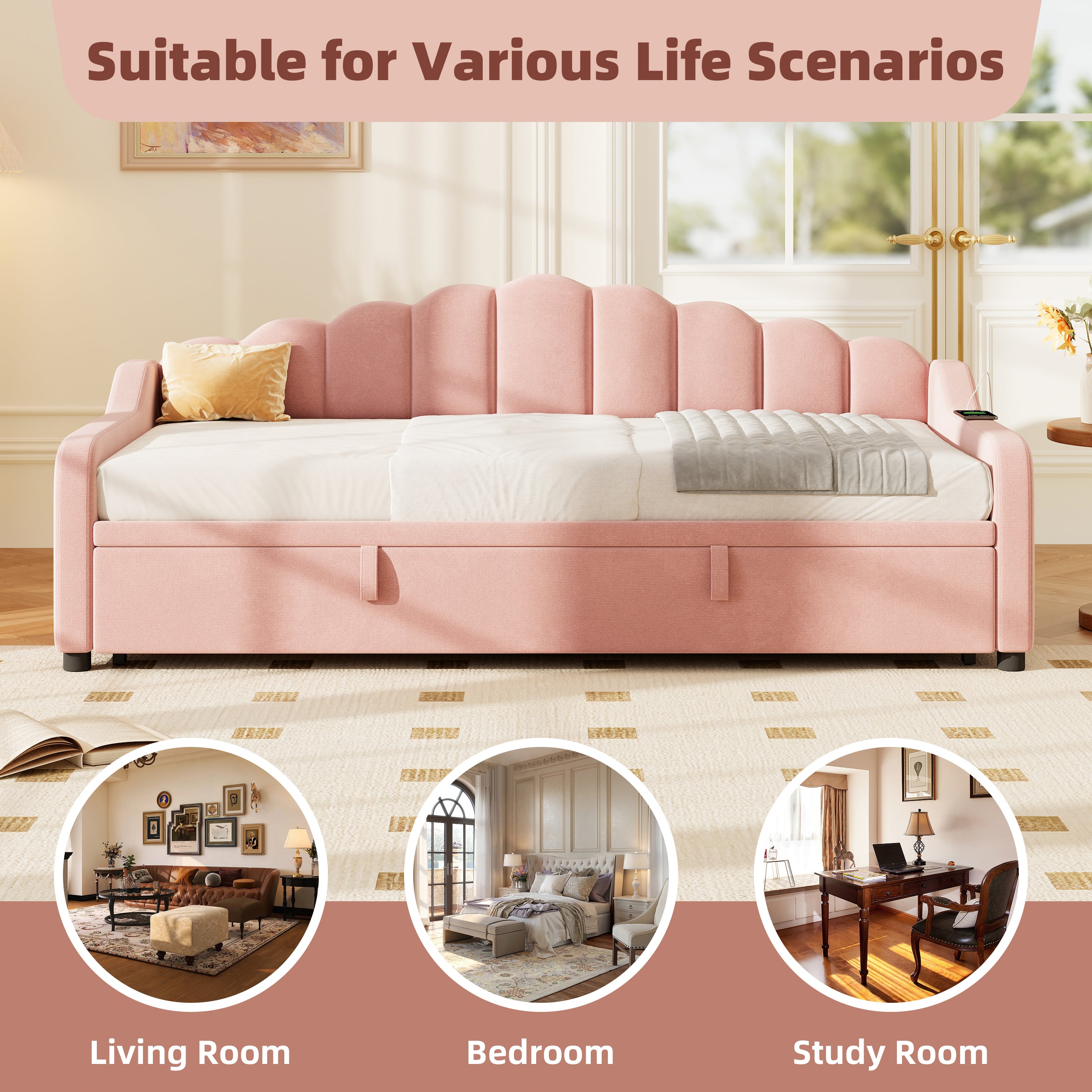 3ft Single Daybed with Pull-out Trundle, Velvet Upholstered Sofa Bed with Side Charging Station & Storage Pockets, Chic Fluted Scalloped Backrest, Pink (No Mattress)