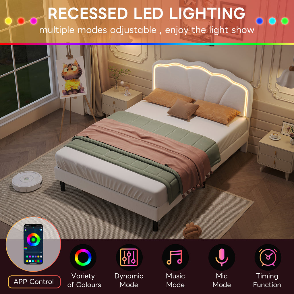 4ft6 Double Upholstered Bed with LED Adjustable Shell Shape Headboard, Soft Velvet Bed Frame with Solid Wood Slat, No Box Spring Needed, Easy Assembly, Cream White (No Mattress)