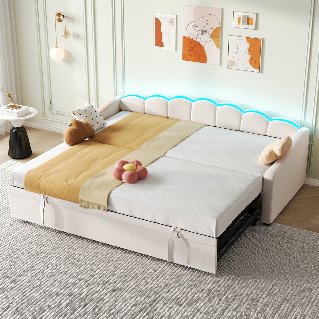 Upholstered Bed 90x190cm, Daybed, Sofa Bed with RGB LED Lighting, 3ft Petal Shape Single Bed with Trundle,Pull out Trundle Bed for Living Room/ Bedroom/ Study Room, Velvet, Beige (No Mattress)