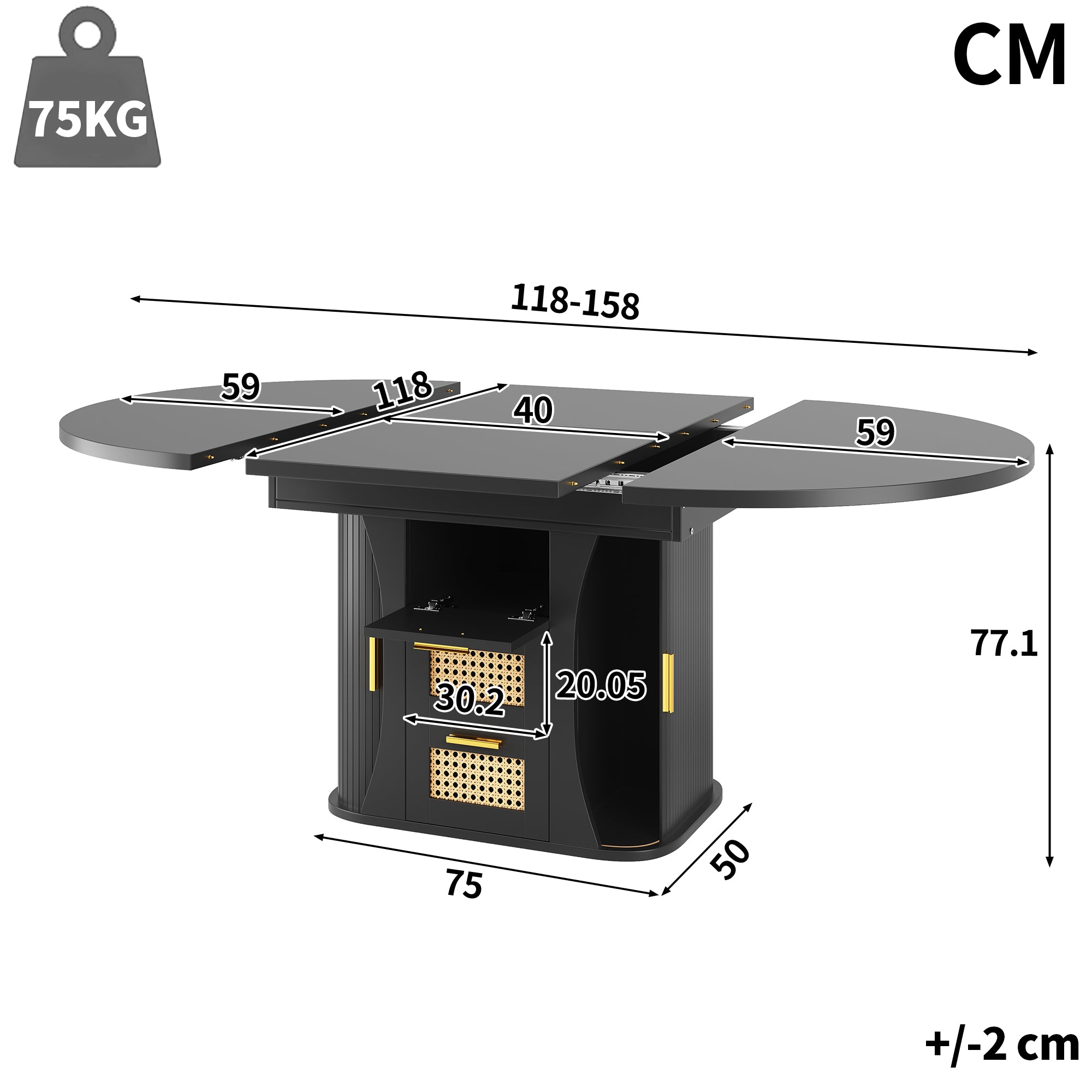 Extendable dining table with storage, 118–158cm table with rattan drawers, MDF wood look, black / natural wood / oak look