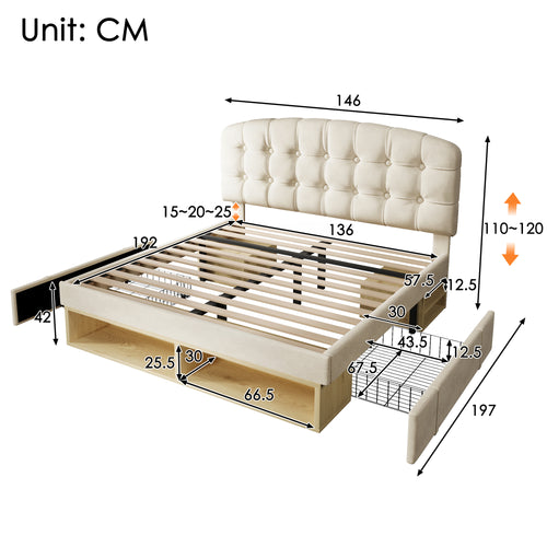 Upholstered Double Bed with Storage Compartments and Drawers, 4ft6 Double Bed with Adjustable Headboard, 135 x 190 cm, Velvet, Beige (No Mattress)