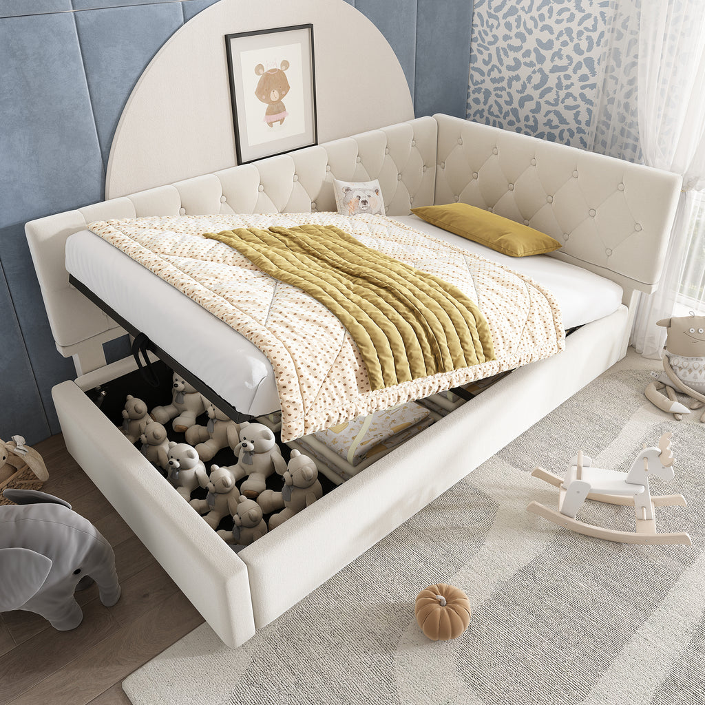 Daybed Upholstered Bed with Storage, 3FT Single Sofa Bed 90 x 190 cm, Ottoman Bed with Hydraulic Storage, Metal Slatted Bed Frame, Velvet, Beige (No Mattress)