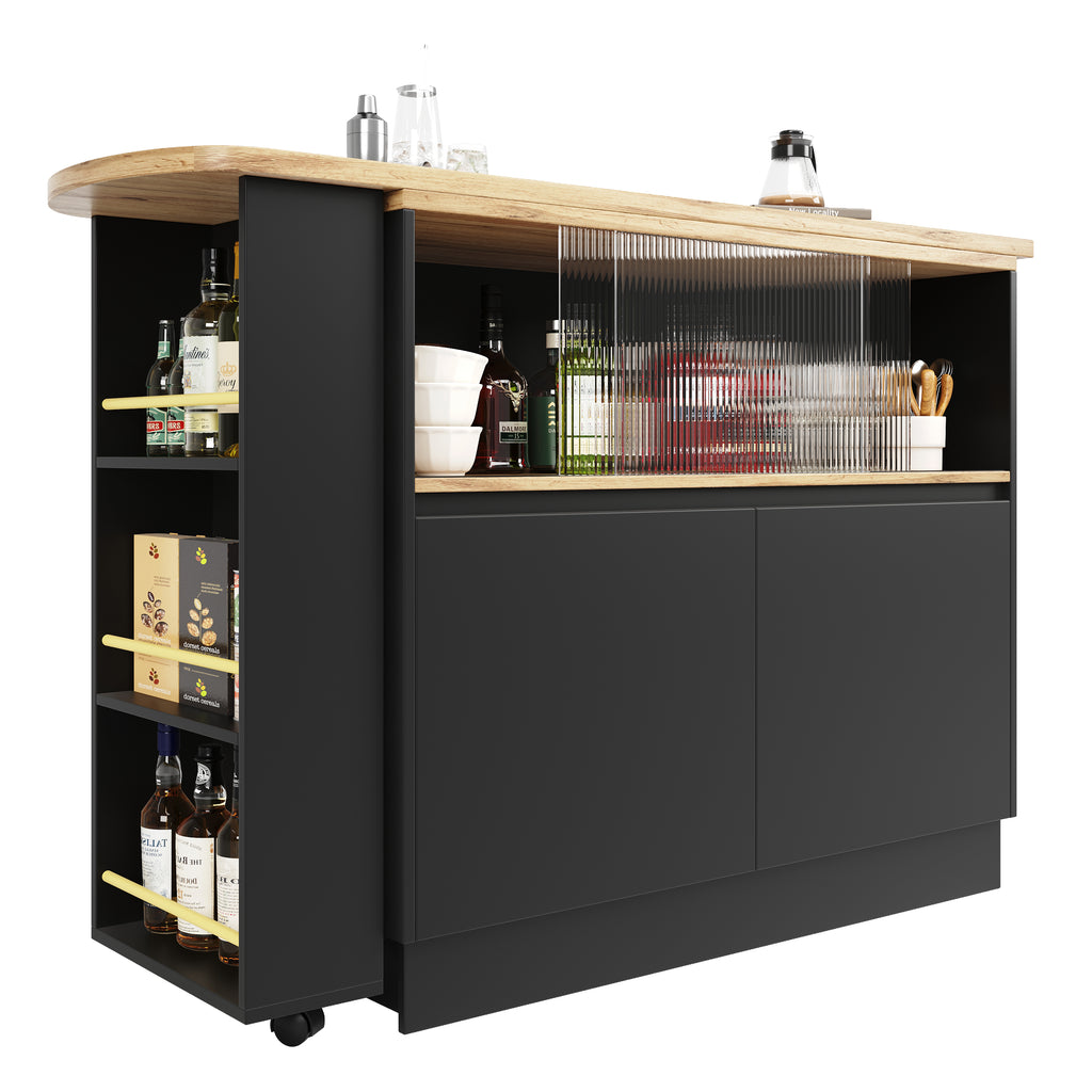 360° swivelling dining bar (main body 90 x 45 x 100 cm), black, modern, simple, multifunctional, swivelling sideboard with shelves and glass, suitable for kitchens and restaurants