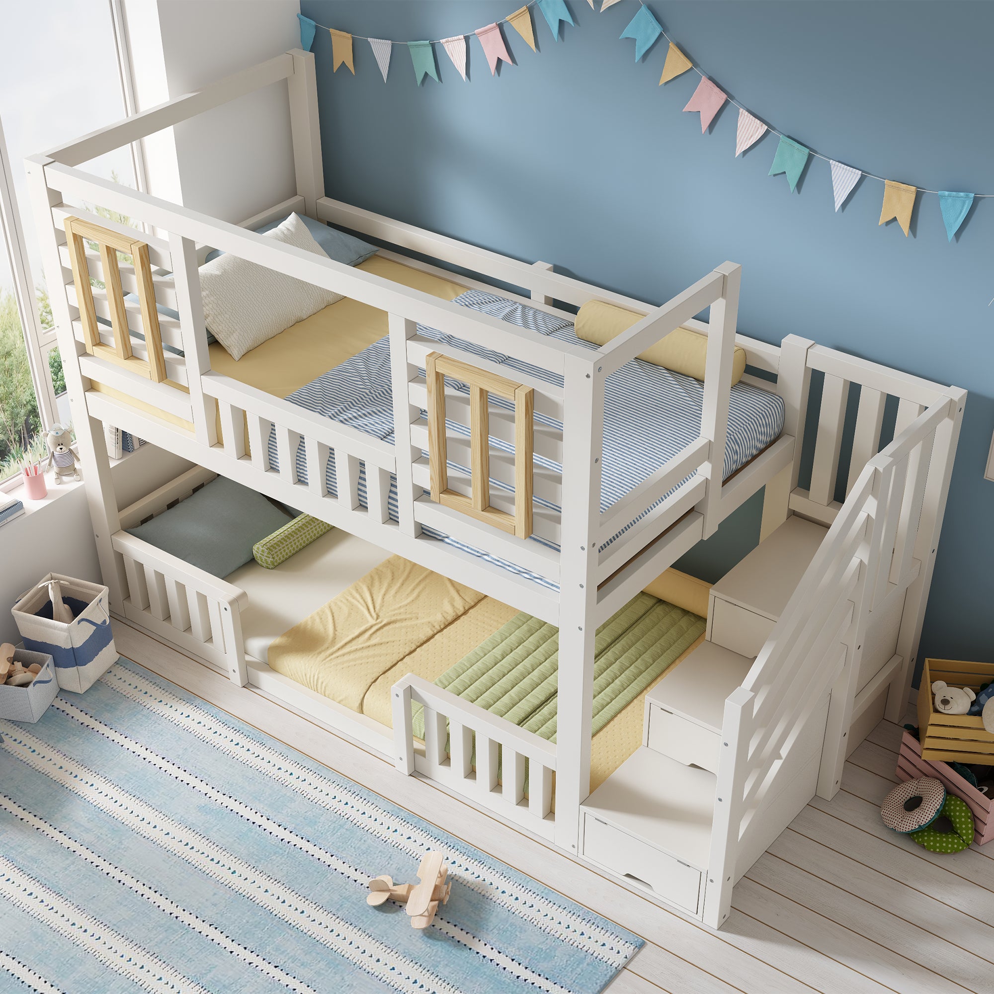 Bunk Beds for Kids, Wooden Cabin Bed with Staircase Storage, Multi-functional Tree-house Bed, Children's House Bed, Twin Sleeper (90+90) x 190 cm, Solid Wood, White
