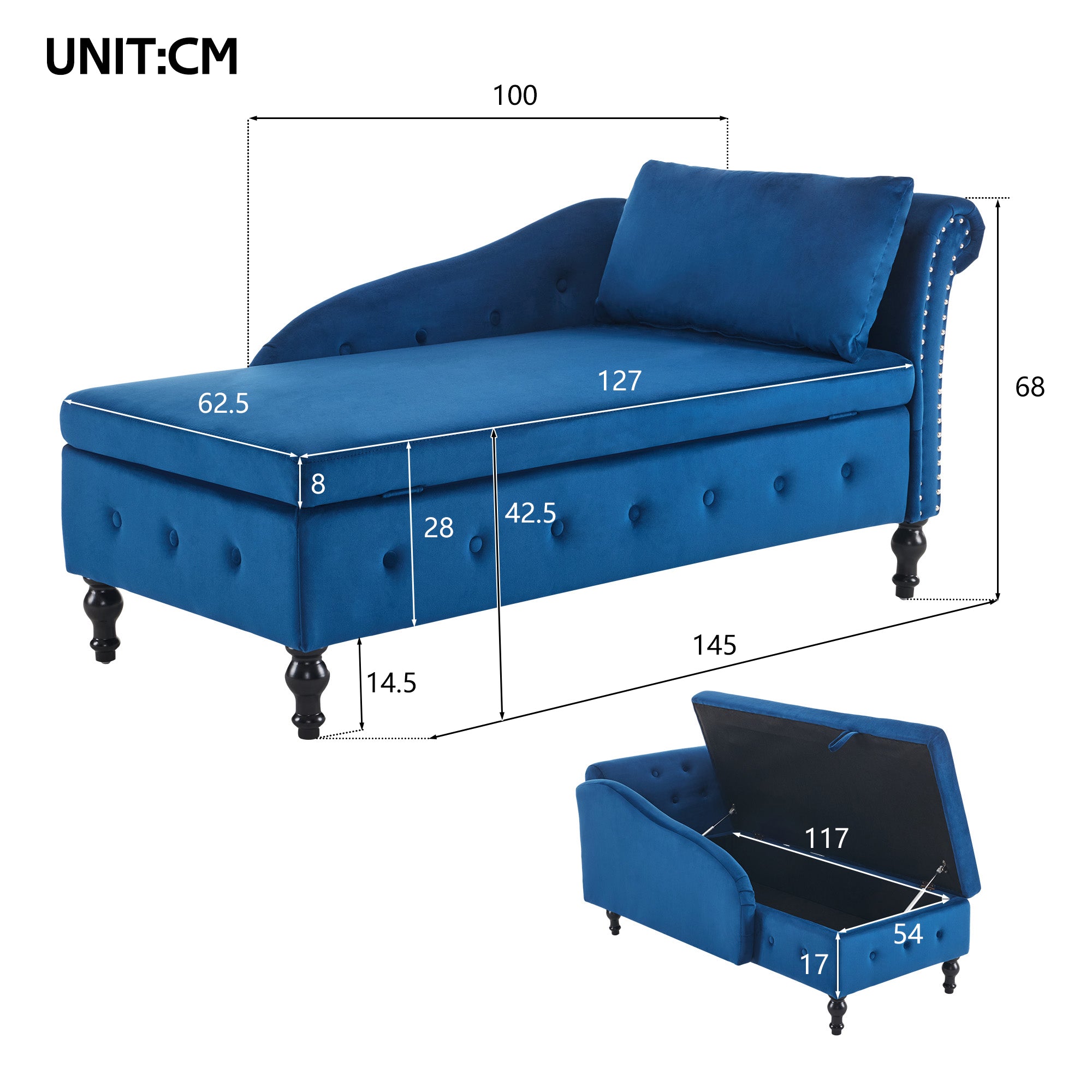 Velvet Chaise Lounge Sofa with Storage, Upholstered Chaise lounge Couch with Pillow for Living Room, Modern Nailhead-Trim & Button-tufted Lounge Chair, Bedroom and Office, Right Armrest