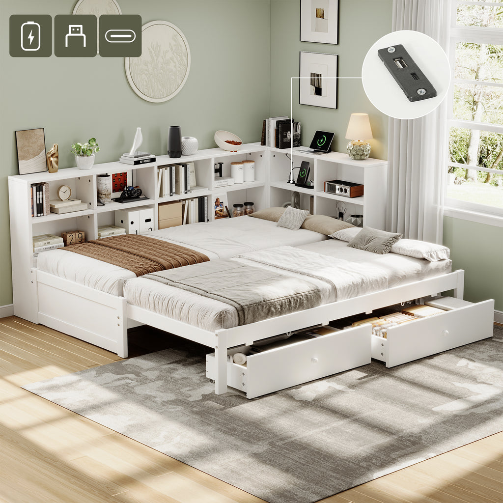 3ft Single Daybed with Two Storage Drawers and Beside Storage, Modern Pull-out Trundle Bed with Charging Station, Wood Bed for Living Room/ Bedroom/ Study Room, 90X190cm, White (No Mattress)