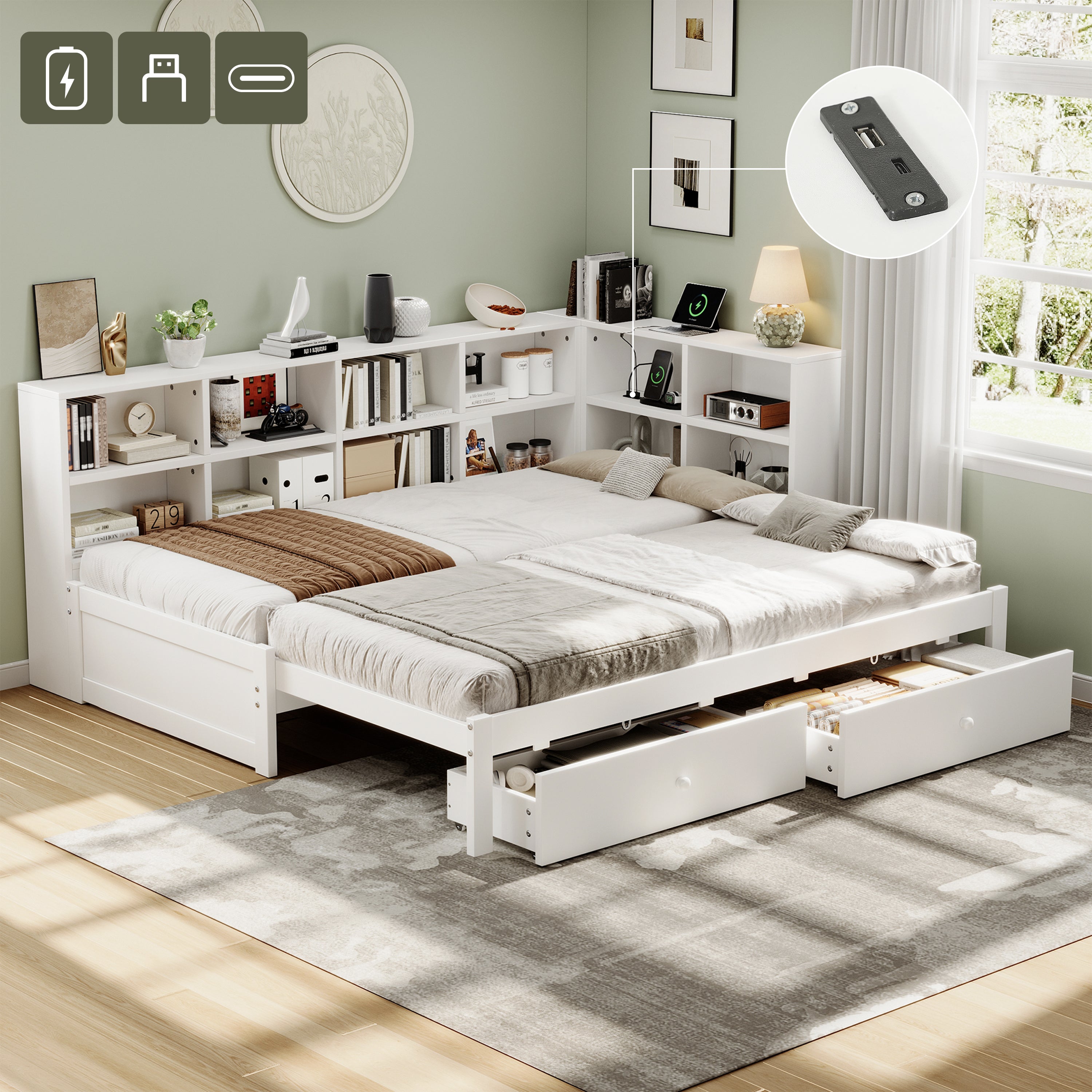 3ft Single Daybed with Two Storage Drawers and Beside Storage, Modern Pull-out Trundle Bed with Charging Station, Wood Bed for Living Room/ Bedroom/ Study Room, 90X190cm, White (No Mattress)