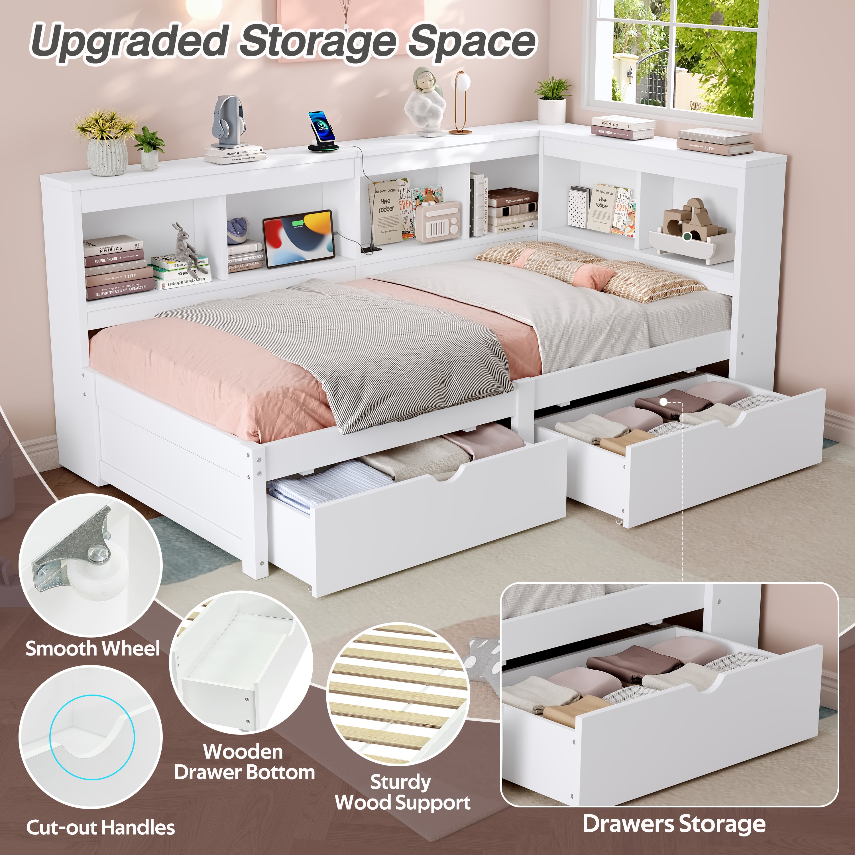 3ft Single L-Shape Daybed with Two Storage Drawers and Bookcase Storage, Modern Bed Frame with Charging Station, Wood Bed for Living Room/ Bedroom/ Study Room, 90X190cm, White (No Mattress)