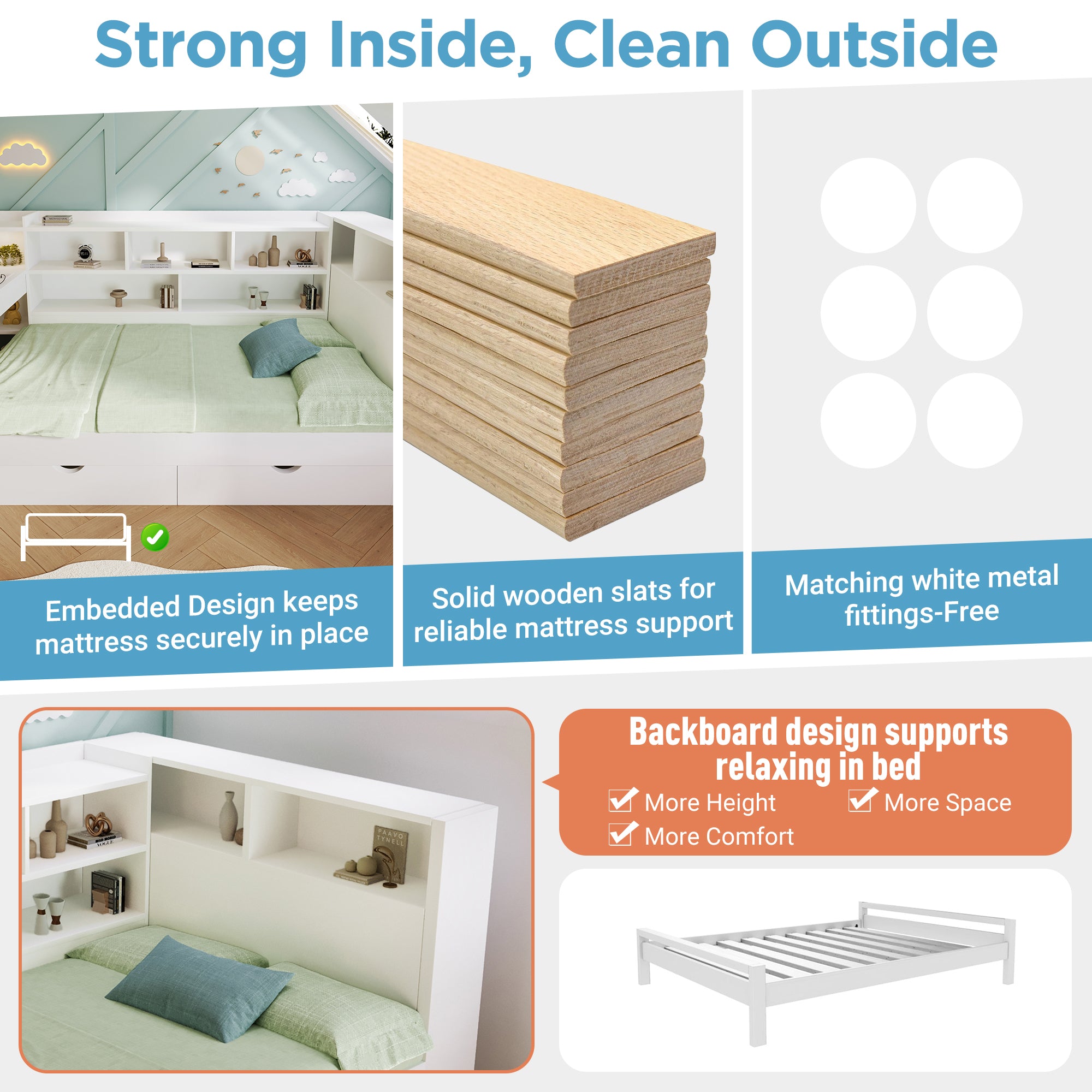 Double Daybed with Bookcase & Computer Desk, 4ft6 Sofa Bed with Storage, Drawers & USB Type-C Port, 135 x 190 cm Multi-functional Wooden Bed Frame for Living Room/ Bedroom, White (No Mattress)