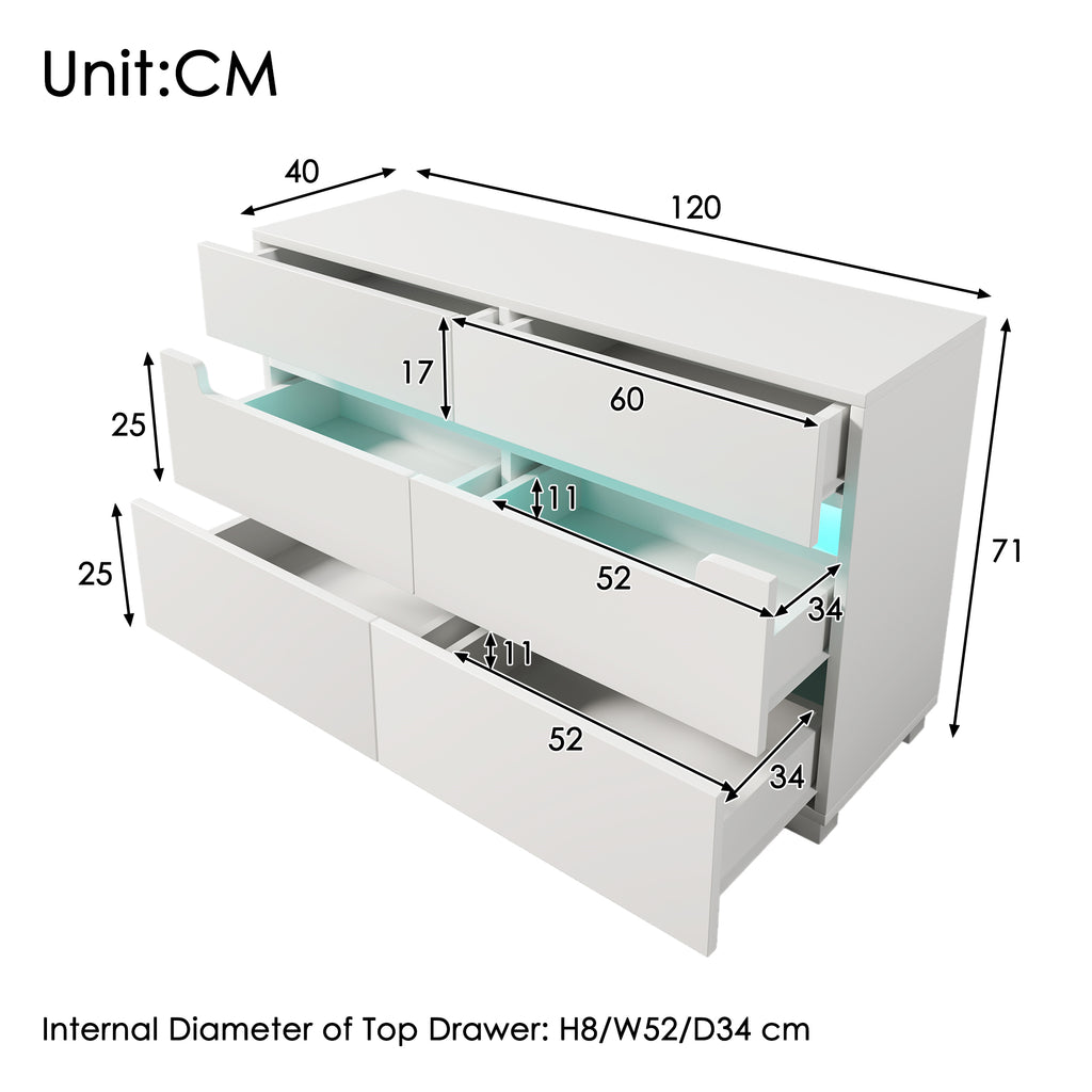Sideboard Cabinet Dresser with 6 Drawers,Storage with RGB LED(App Control), Sideboard with Cut-out Handles, 6-drawers Chest of Drawers, 71 x 120 x 40 cm, White
